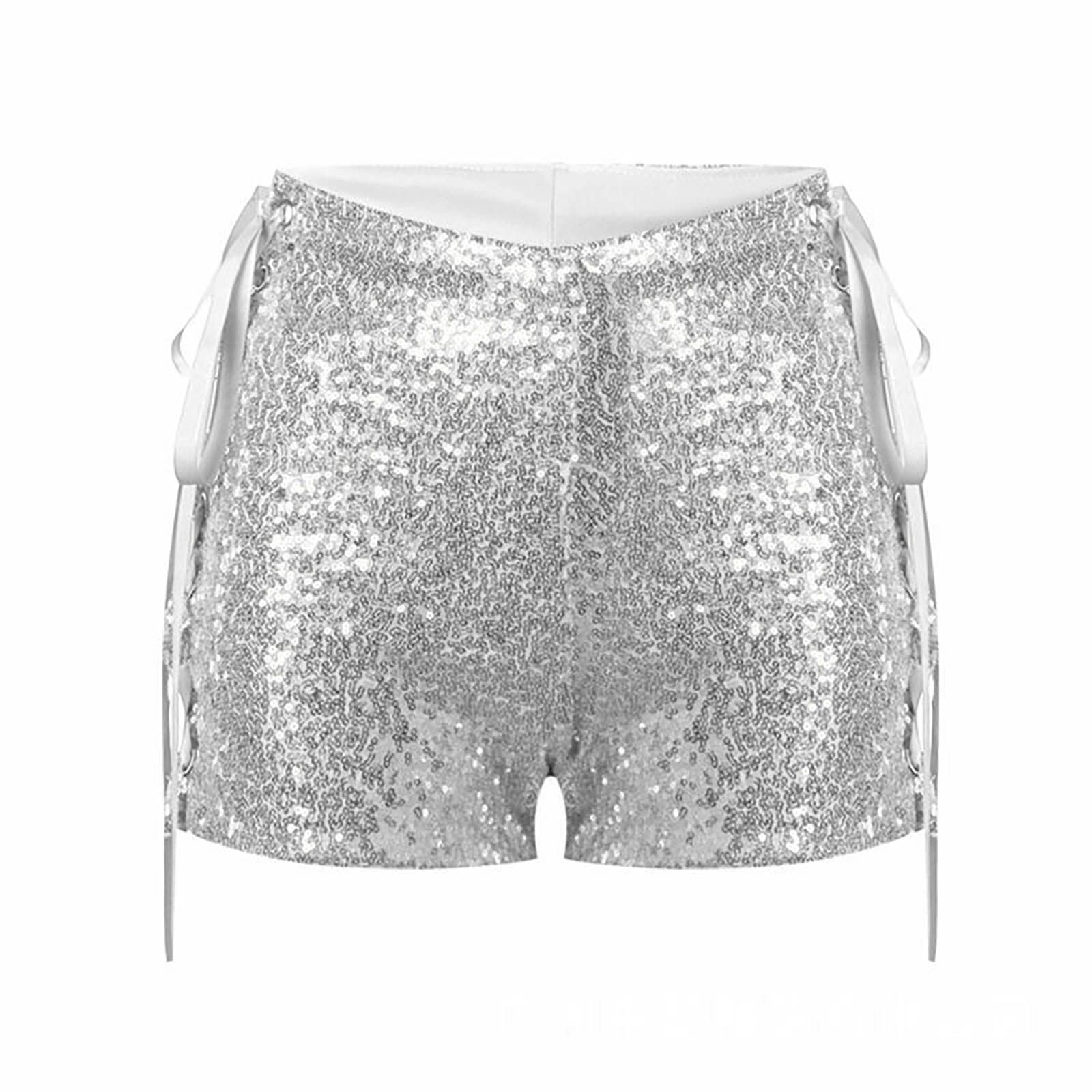 PengFaXin - Shorts à Paillettes Pour Femme Avec élastique à La Taille, Uni, Pour Une Soirée étincelante, Blanc, S