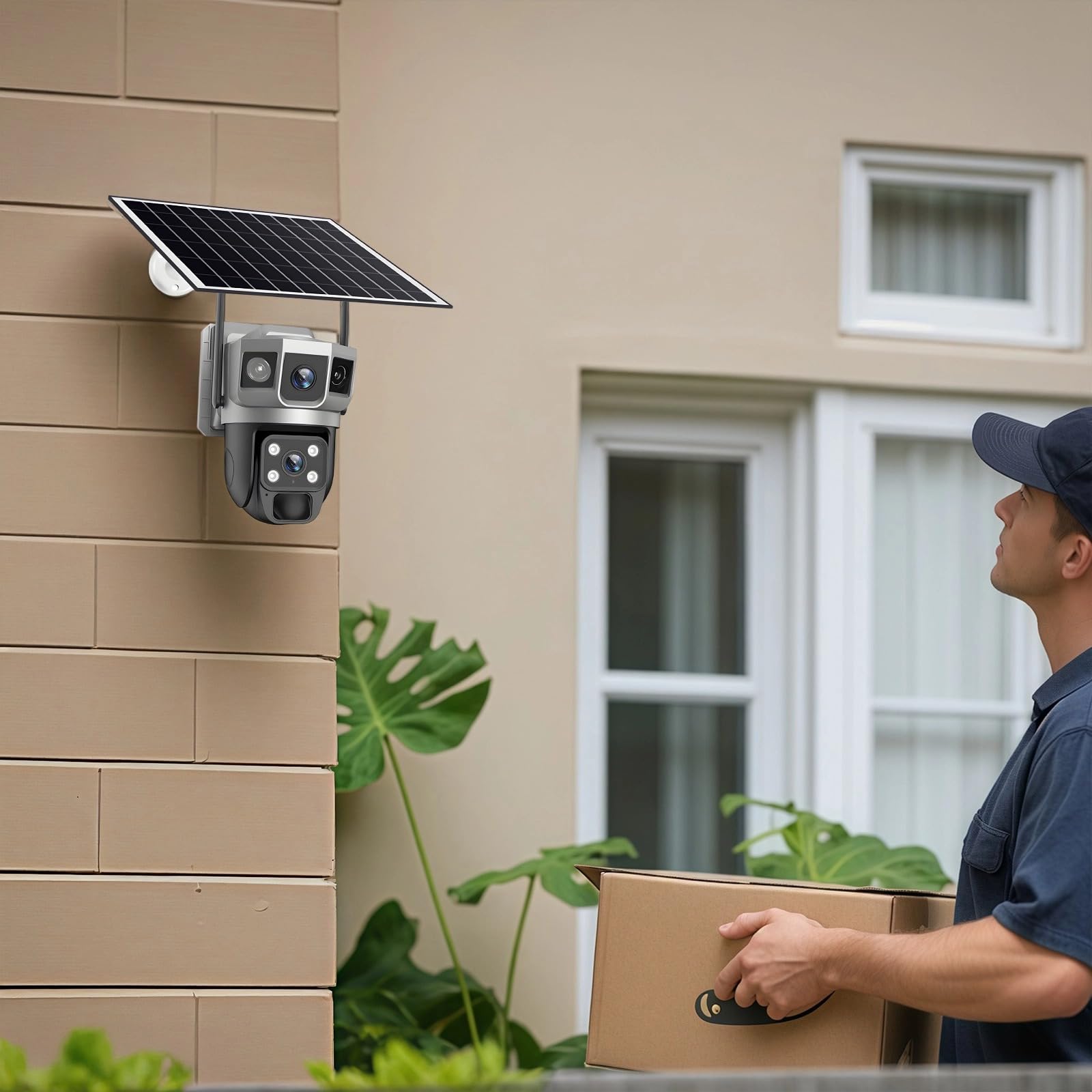 Telecamera di sorveglianza all'aperto, a energia solare, funzione 4G, design a doppia lente, risoluzione HD, resistente alle intemperie IP66, sistema di monitoraggio della sicurezza wireless