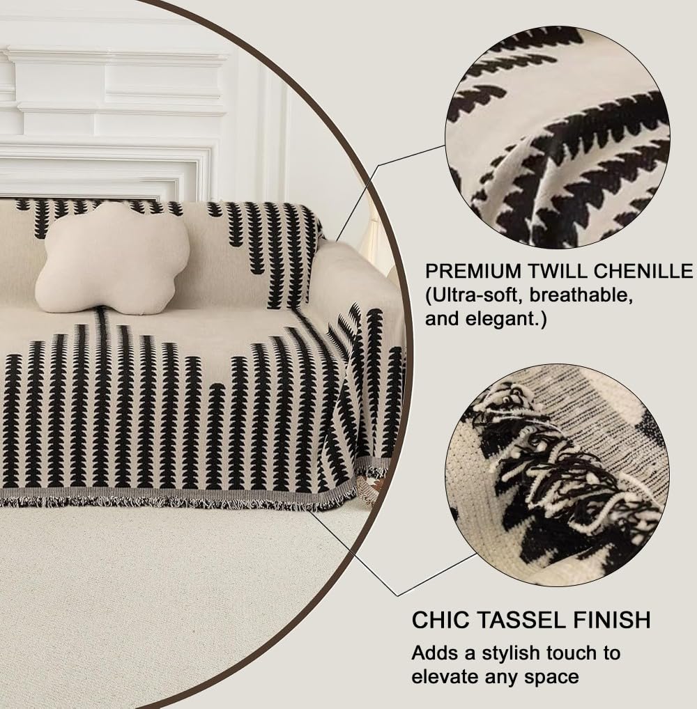 Black Chenille Sofa Cover - Reversible & Anti-Slip -7