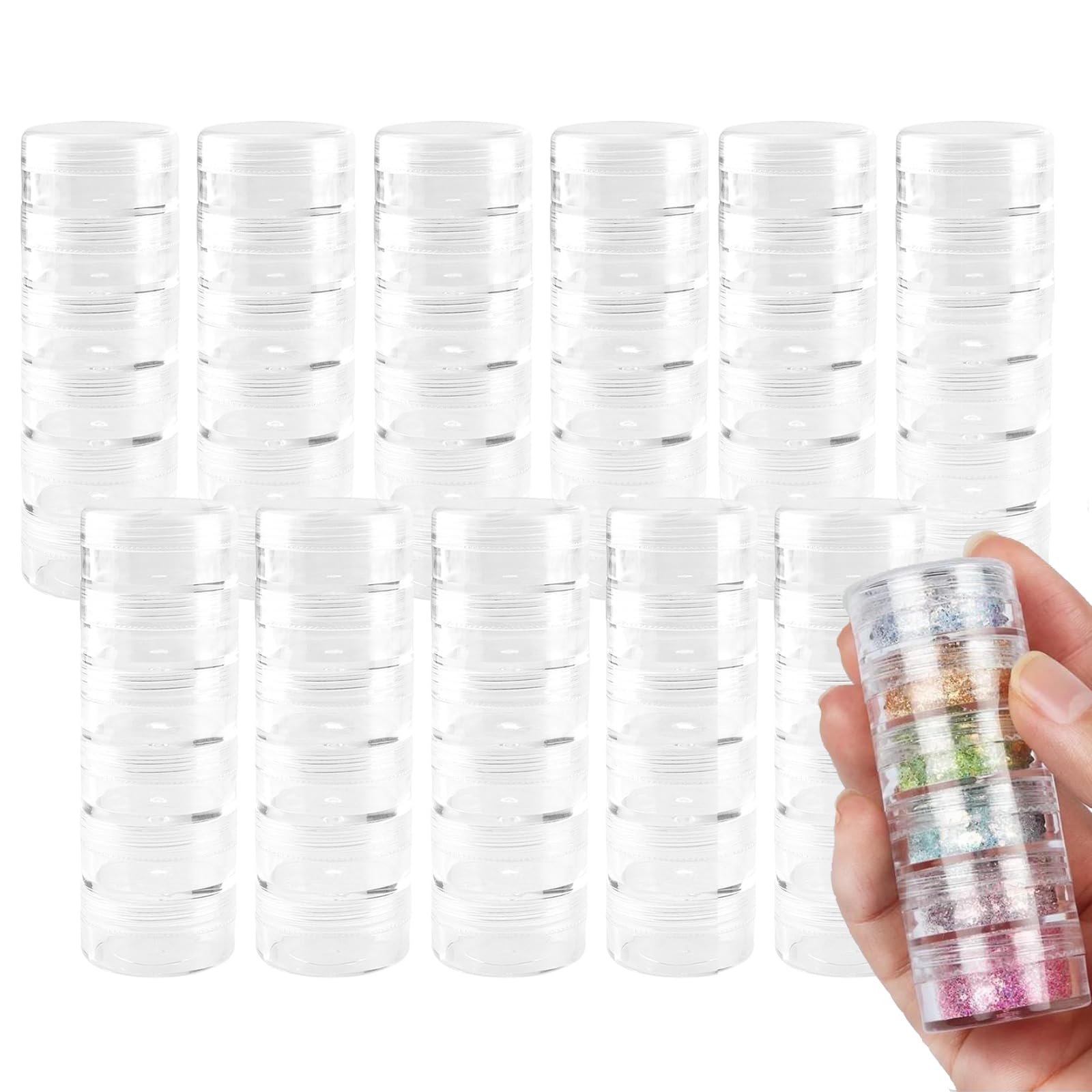 ZEONHEI 10 Sets 60 Pieces Stackable Cosmetic Containers with Screw Lids, 6 Layer 10g 10ml Round Plastic Bead Storage Box, Clear Column Empty Small