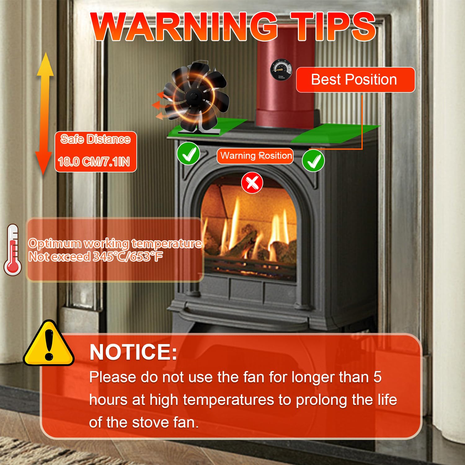 Tomersun 8-Blade Log Burner Stove Fan Heat Powered- Wood Burning Stove Fan with Thermometer for Fireplace/Log Burner/Woodburner/Multifuel Stoves - Image 4