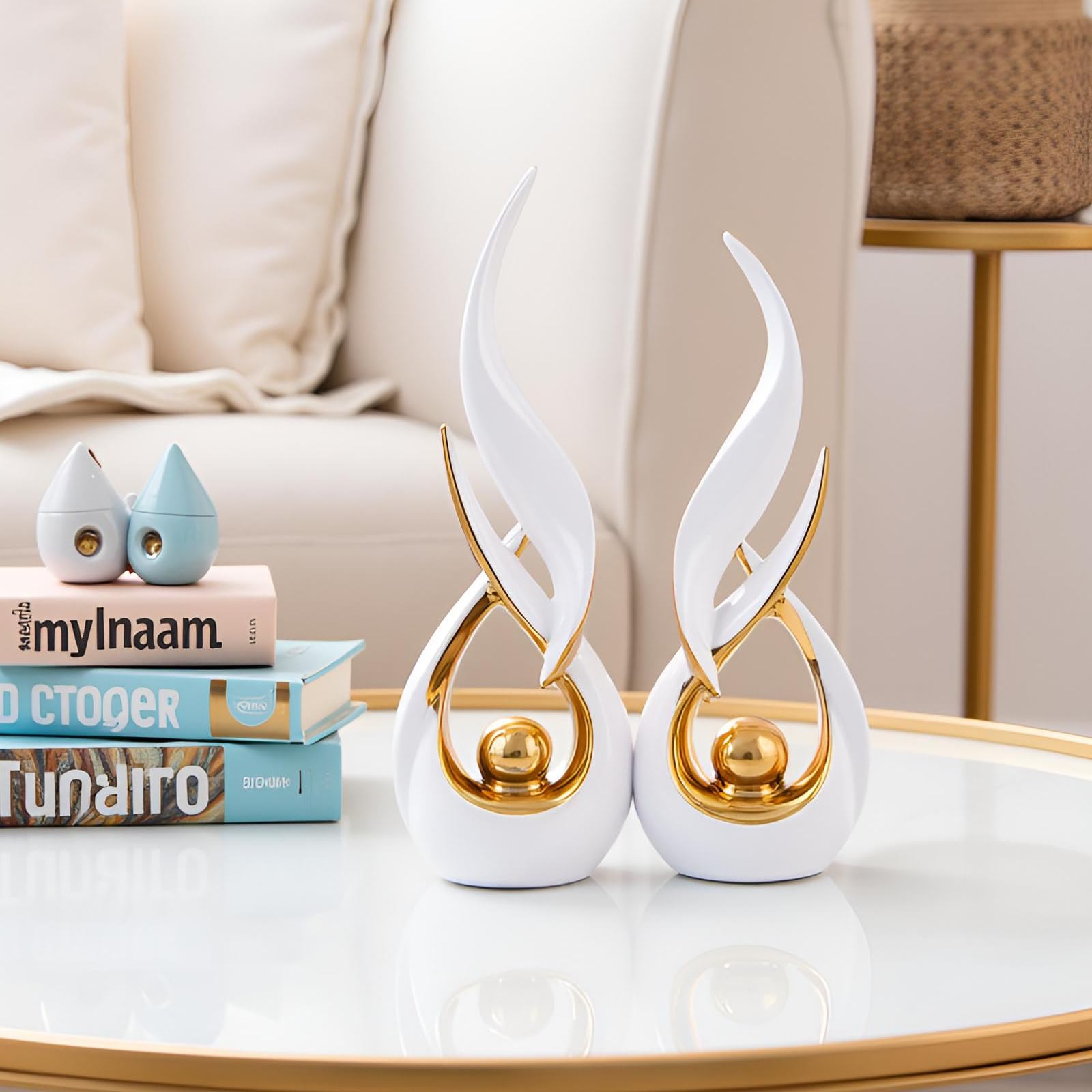 Set di 2 statue astratte in ceramica dorata, stile astratto moderno di metà secolo, decorazione per la casa, mensola da caminetto su mensola unica, divisorio per mobile TV, tavolo e tavolo da pranzo