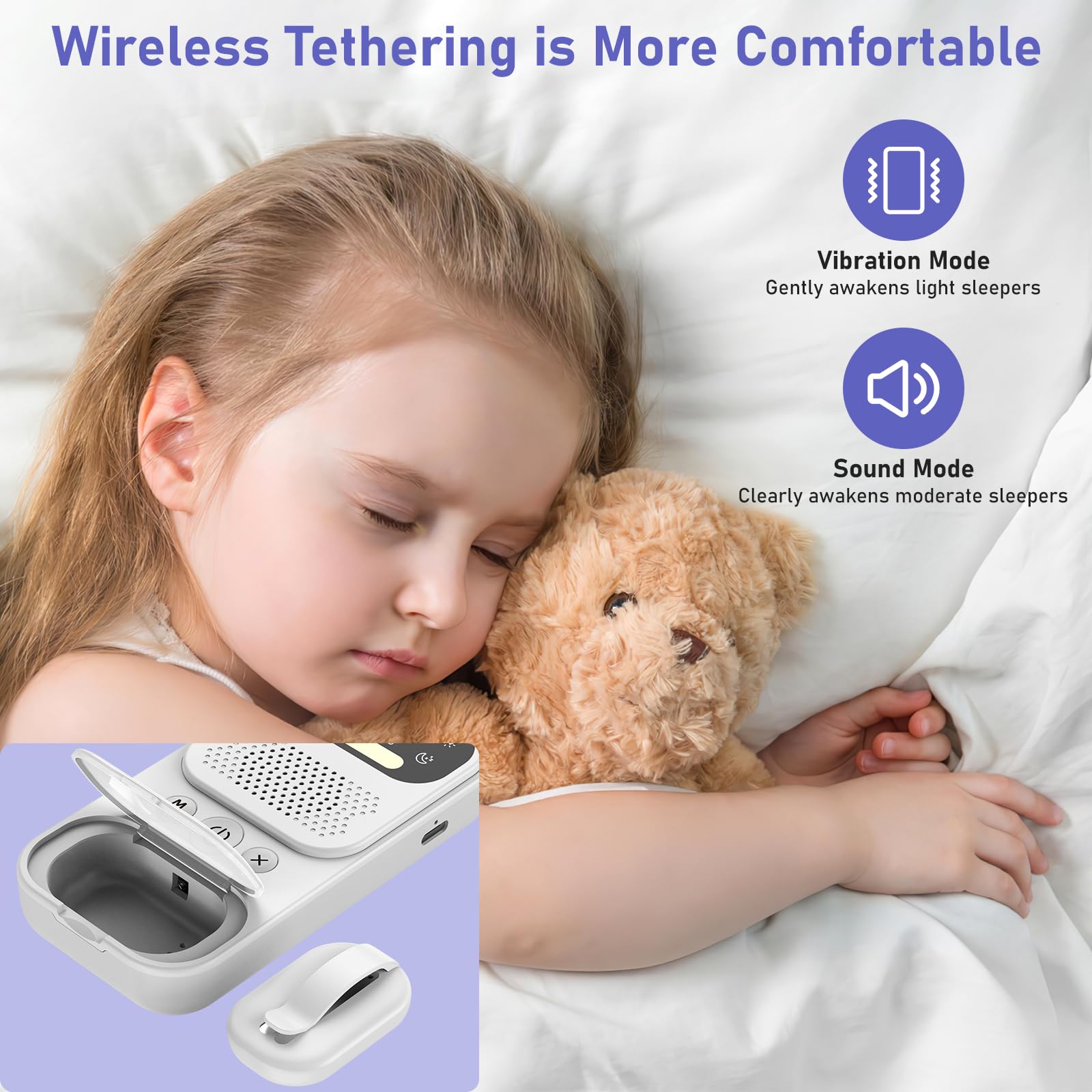 Alarma Inalámbrica para Mojar la Cama Niños, Alarma Inalámbrica para Mojar la Cama con Luz Nocturna/Ruido Blanco, Alarma de Orina para Niños Recargable por USB, 3 Modos de Funcionamiento