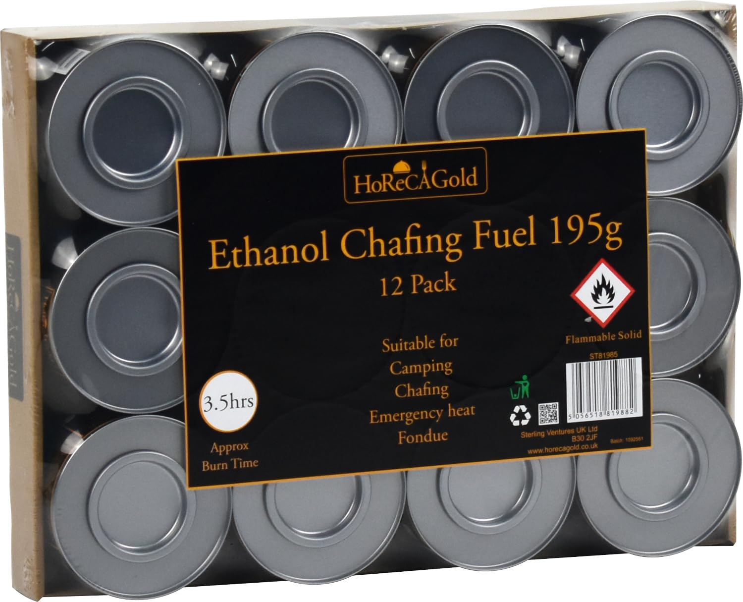 Portable Bio Ethanol Fuel Can for Chafing, Cooking, Heating 12pk (195g (approx 3.5hrs))