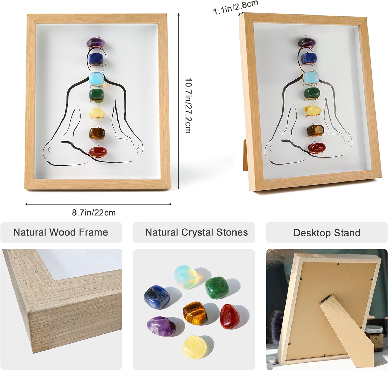 MYDAYS&DESIGN 7 Chakras Healing Crystal Stones Frame, for Home Decor, Office Desk Decor, Reiki Meditation Yoga, Positive Energy, Good Luck Birthday Gifts for Women, Mom