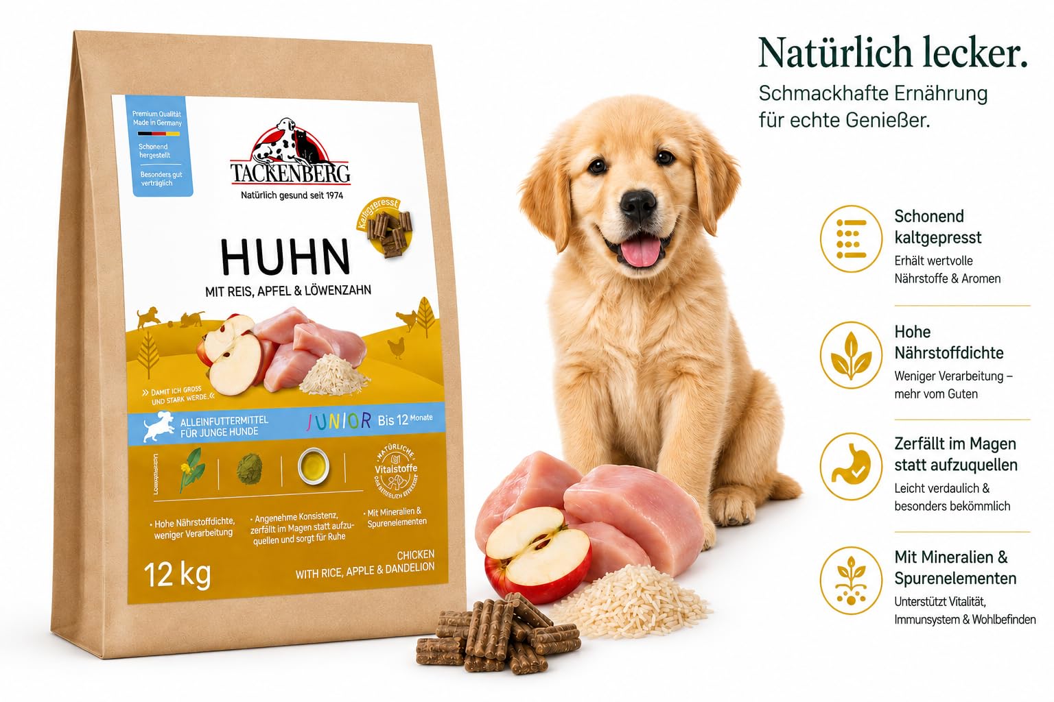 TACKENBERG 12000 g Trockenfutter für Hunde kaltgepresst, Junior Huhn