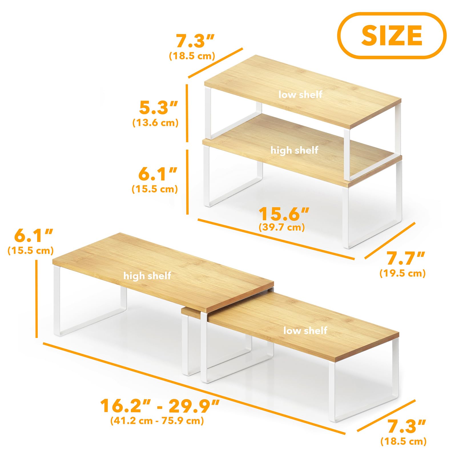 SpaceAid Organizador de estante de gabinete, 2 unidades, estante elevador de estantes de cocina, estante apilable expandible para especias, organizador de almacenamiento de armario de despensa (bambú