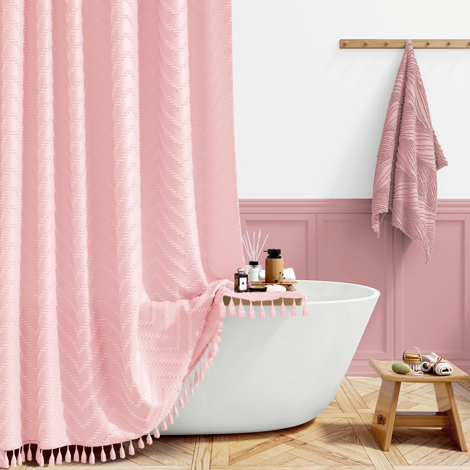 BTTN Long Boho Tufted Chevron Shower Curtain, Waterproof, 183x201, Pink
