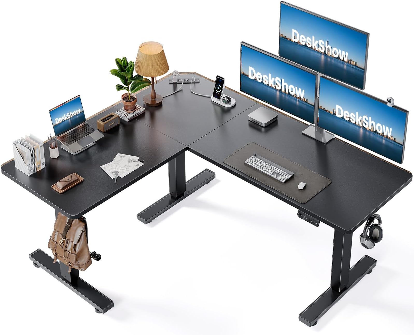 L-Shaped Standing Desk - 63 x 55 Inch Adjustable Corner Standing Desk with Charging Station - L Shape Sit Stand Table with Memory Controller, Splice Board for Home Office