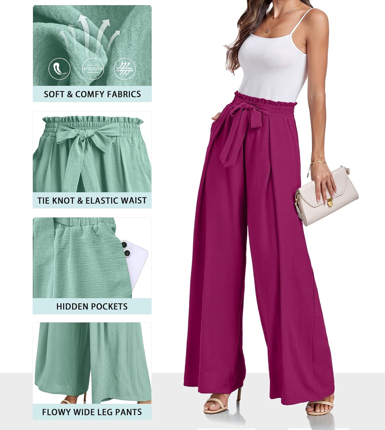 Lepunuo Wide Leg Pants for Women High Waisted Palazzo Pants Work Casual Flowy Tie Knot Trousers with Pockets - Image 3