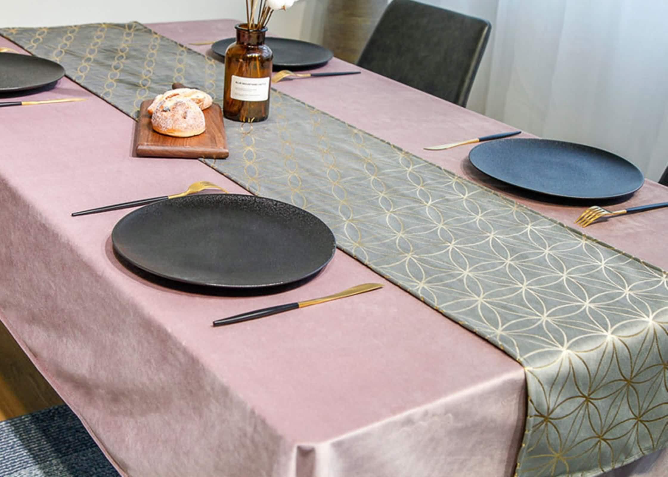 Kitchen Table Runner, Chemin de Table de Noel Grise Velours Or 32x240CM Fleur de Velours Vintage Deco Intérieure Extérieure