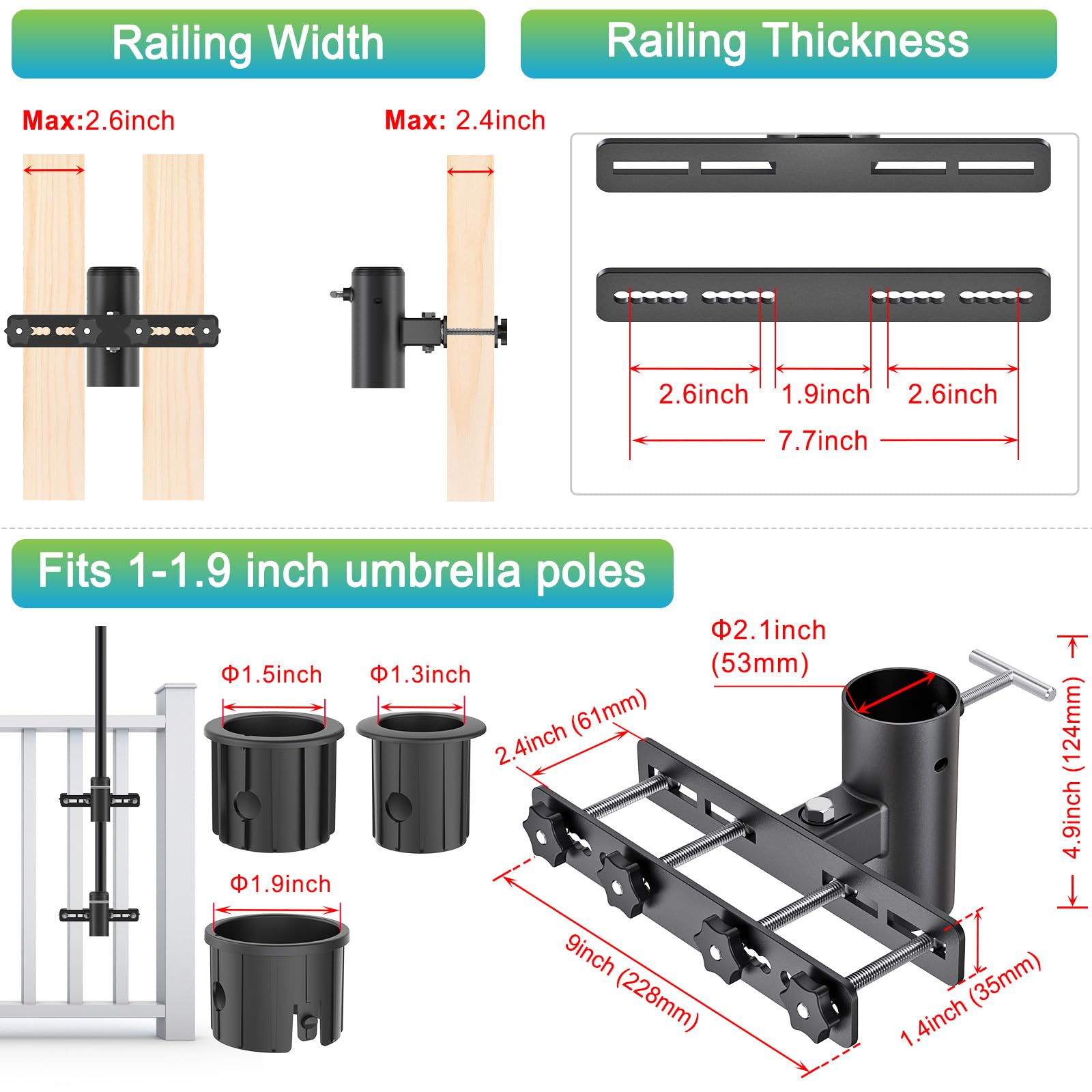 Dolibest Supports de Parasol Terrasse,2pcs Pince Parasol pour Balcon Umbrella Holder Tube Kit Fixation Jardin Arrière-Cour Gain de Place avec Manchon 3 Tailles pour Poteau 3-5cm,Rambarde Max 6.6x6.1cm