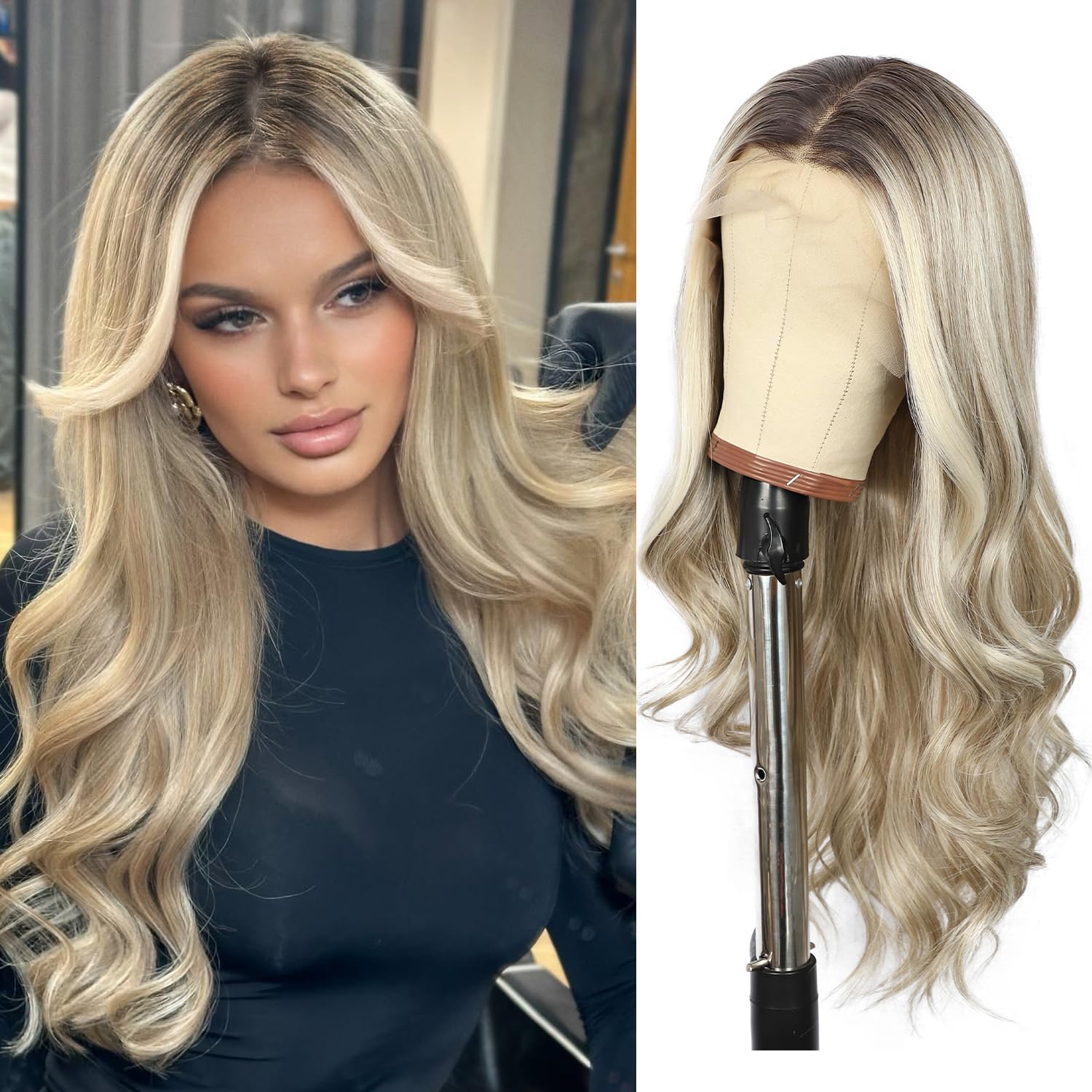 SOMIARIK 13x4 Synthetic Lace Front Wig Short Wavy Pale Blonde With Dark Roots wigs Pre Plucked with Baby Hair Natural Looking 150% Density Heat Resistant Party Date Daily Wear 22 Inch