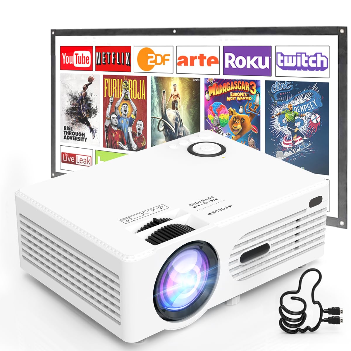 Mini Projector Full HD 1080P Support, Upgraded 9000 Lux LED Portable Projector for Bedroom, Multimedia Home/Outdoor Theater Movie Projector, Compatible with Smartphone/Laptop/TV Stick