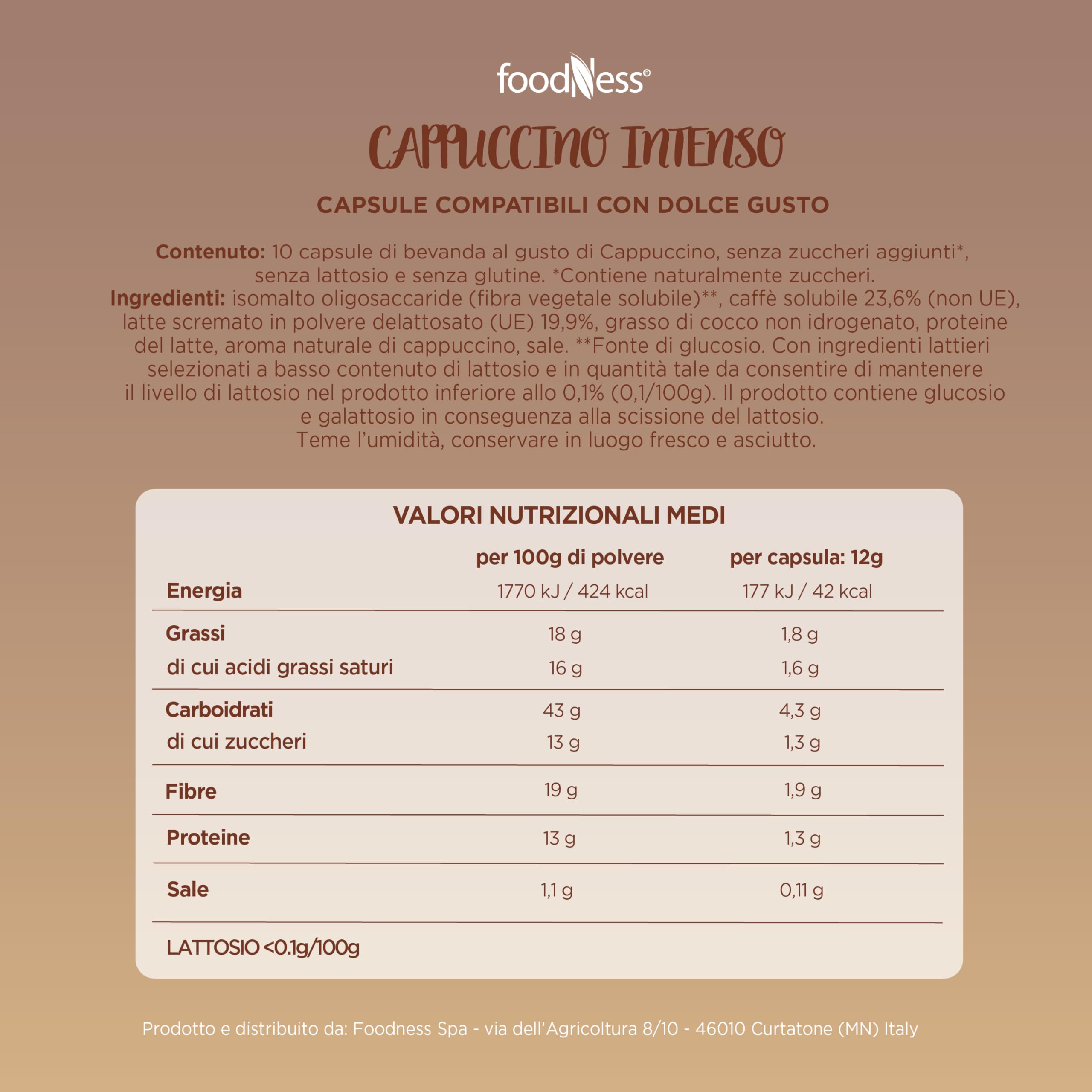 foodNess - 6 Box da 10 Capsule di Cappuccino Intenso, Capsule Compatibili con Sistema Dolce Gusto, Solubile per Bevanda Gusto Cappuccino con Latte e Caffè, Senza Glutine, Lattosio e Zuccheri Aggiunti