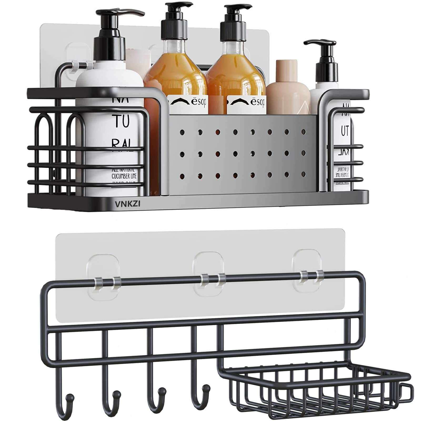 VNKZI Full Stainless Steel Adhesive Shower Caddy Shelf Organizer, No Drilling Rustproof Wall Stall Basket High Suction Shelves with Soap Sponge Holder, Bathroom Storage Rack