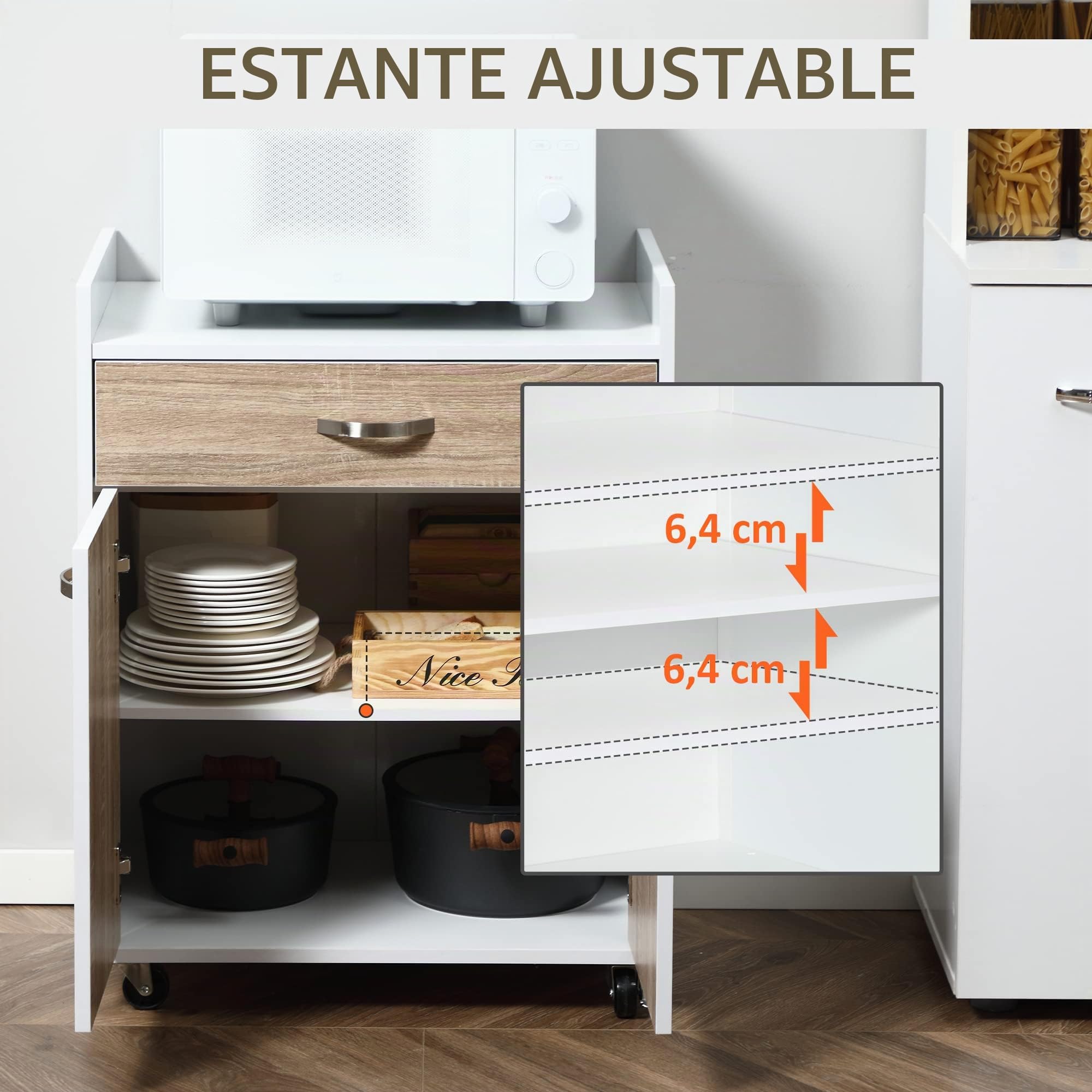 HOMCOM Carro de servicio con ruedas Cajón Armario Madera Blanco Roble Claro | Postre de cocina, 2 puertas