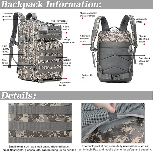 Miniatura 3 de LIMHOO Mochilas tácticas militares de 45L para hombres y mujeres, bolsa Molle de 3 días, mochila de senderismo con parche de bandera de Estados