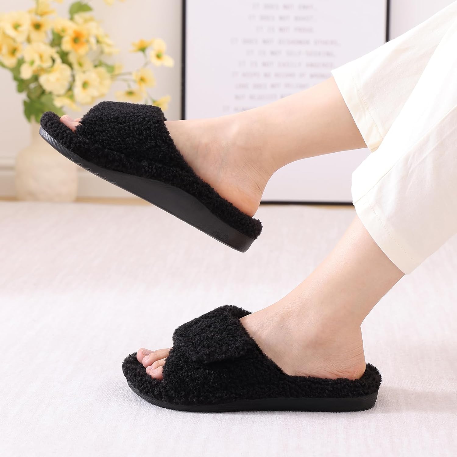 Litfun Womens Fuzzy Arch Support Slippers Orthopedic Comfy Adjustable Open Toe House Shoes, Coal Black 38 - Image 2