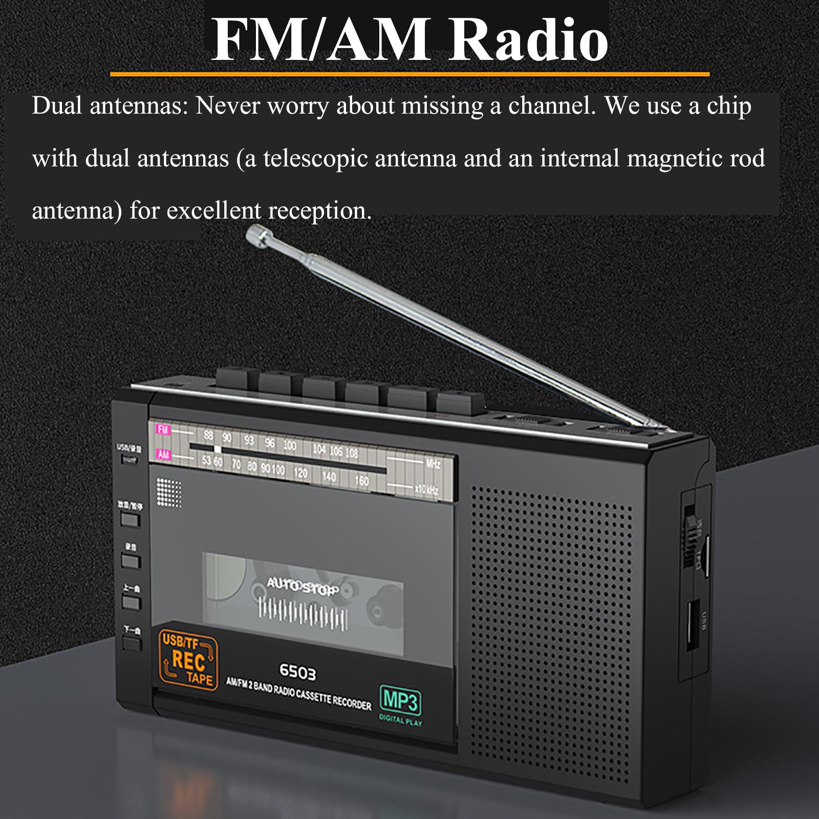 Przenośny magnetofon retro, kasetowy odtwarzacz radiowy, obsługa formatu MP3, podwójny zasilacz AC/DC, odtwarzanie kart USB/TF