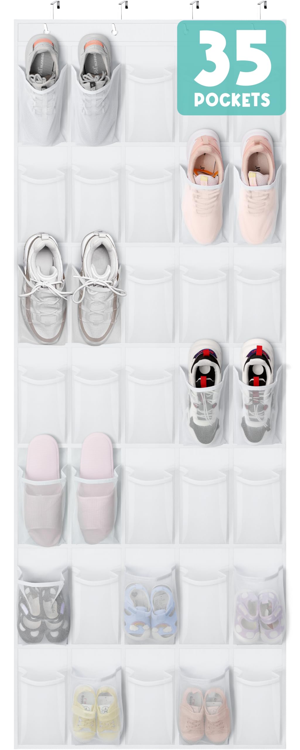 TiblueOver The Door Shoe Organizer 35 Mesh Pockets Hanging Shoe Organizer Shoe Rack For Door Closet Entryway Bedroom Pantry Organizer - Shoe Holder Hanger For Sneakers, Women High Heeled Shoes White