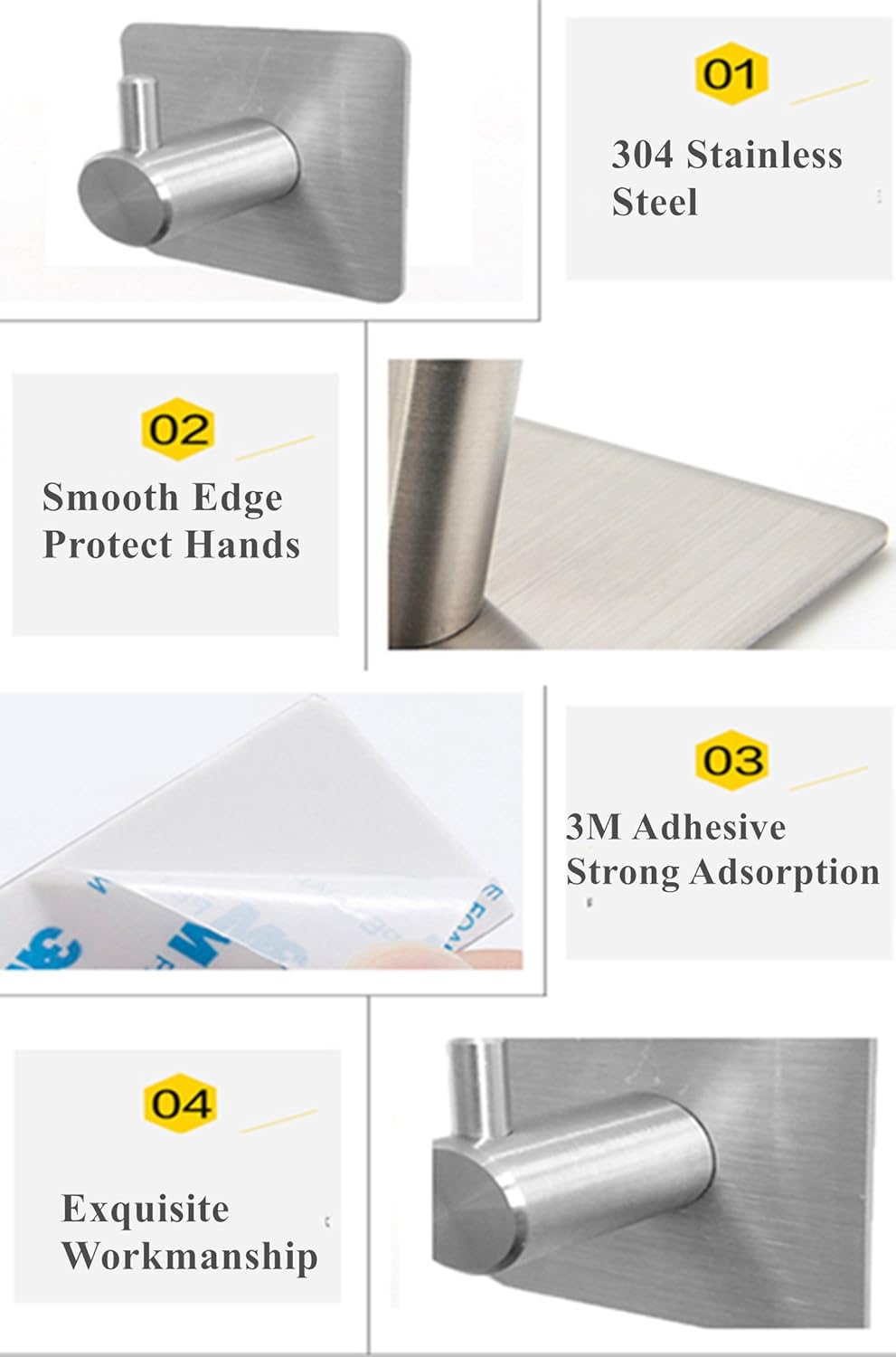 3M Adhesive Wall Hooks - 6 Pack SUS304 Stainless Steel Hangers| Brushed Heavy Duty Wall Hooks| for Towels Keys Robes Hooks On Door Wardrobe Closet Bathroom Kitchen