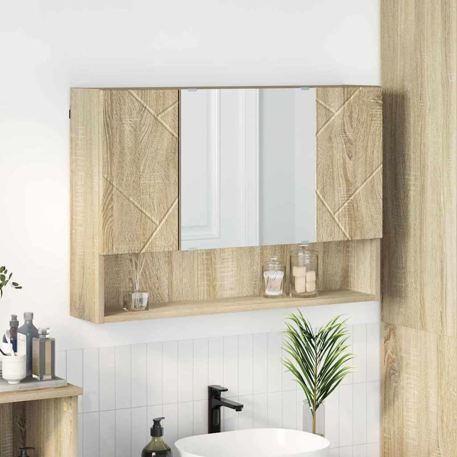 Gecheer Spiegelschrank Sonoma-Eiche 80 x 17 x 55 cm Holzwerkstoff, Deko Spiegel Bathroom Mirror für Badezimmer Make-up Rasur Wohnung Hotel883356