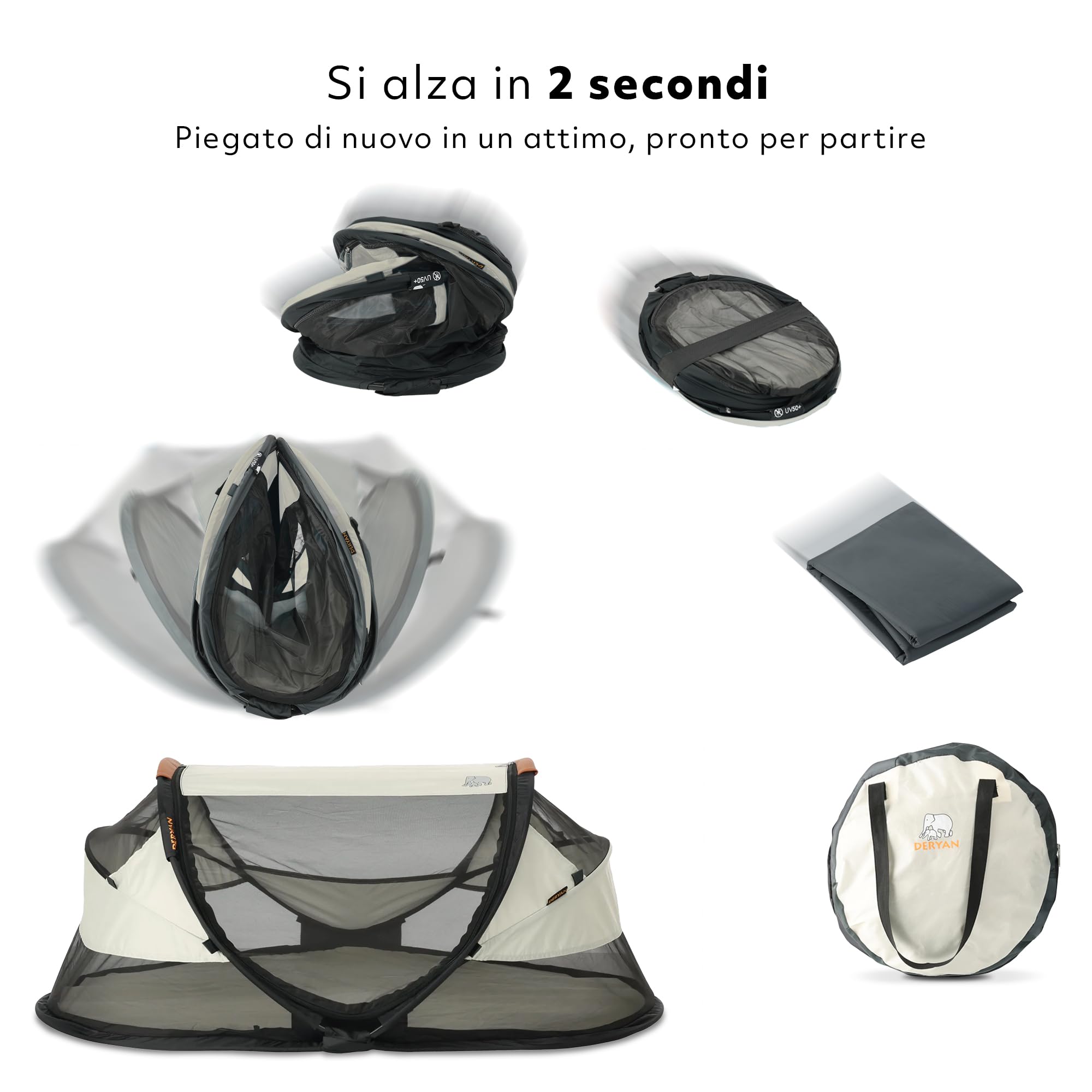 Deryan Lettino neonato da viaggio pieghevole con materasso, 0-2.5 anni, Lettino da campeggio, Le pareti realizzate in rete, Letto Pieghevole 120x75cm, Borsa da Trasporto, Protezione Insetti, Avorio