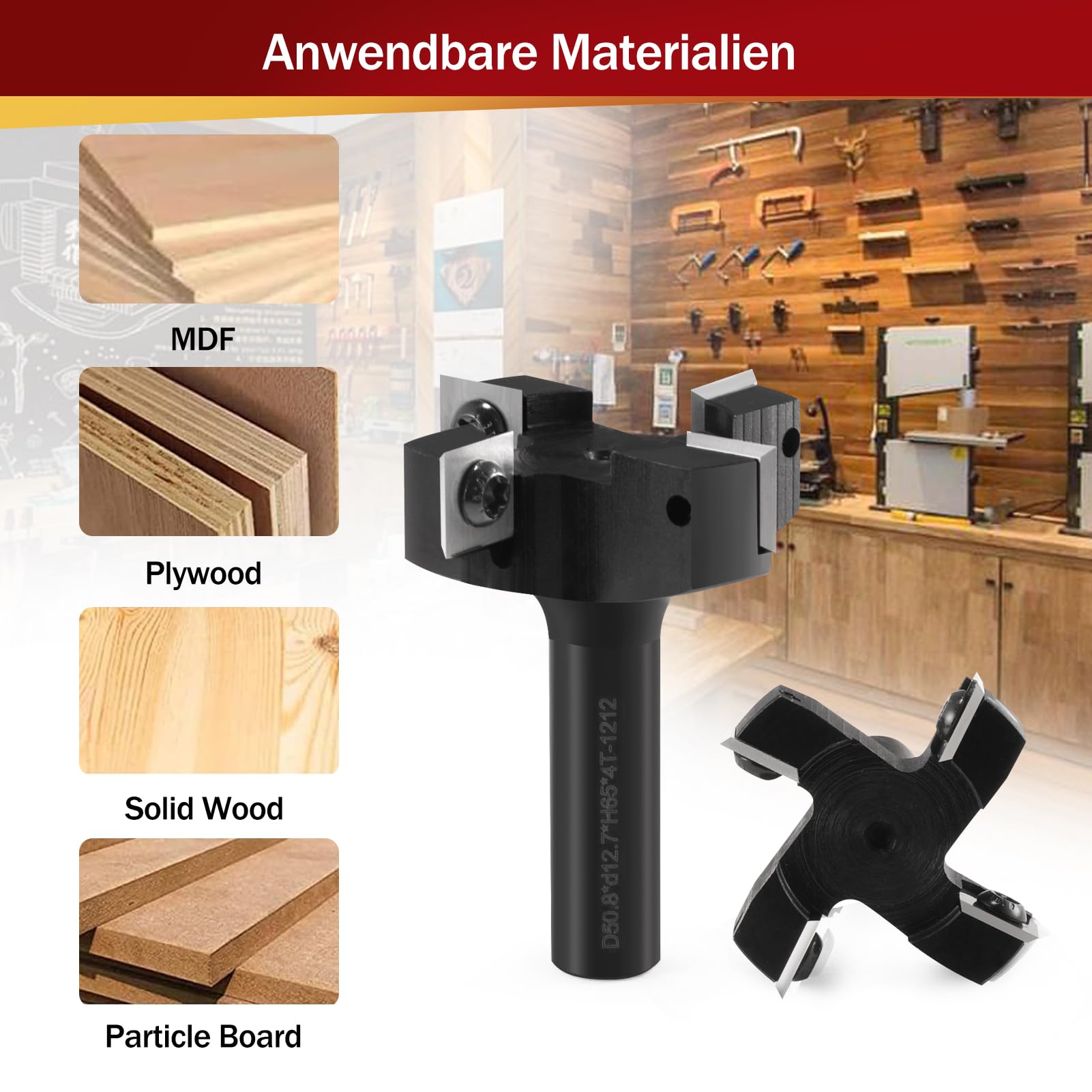 Punta per fresa CNC per superfici con codolo da 1,27 cm, diametro di taglio 5,1 cm, in carburo a 4 ali per appiattimento delle lastre in legno, con 10 inserti indicizzabili (12 x 12 x 1,5 mm, 35°)