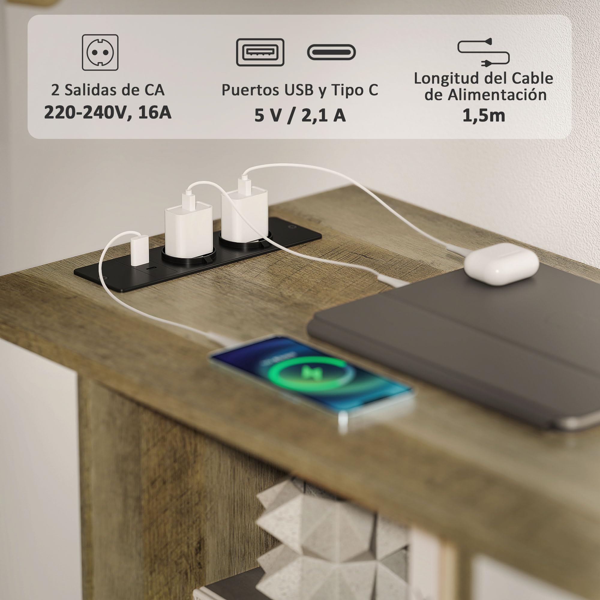 HOMCOM Cajonera de Oficina con Estación de Carga, Mueble Archivador con Ruedas, 3 Cajones, Barra Colgante, Cajonera para Escritorio con Cerradura, Estantes para Carta, A4, Legal, Marrón Grisáceo