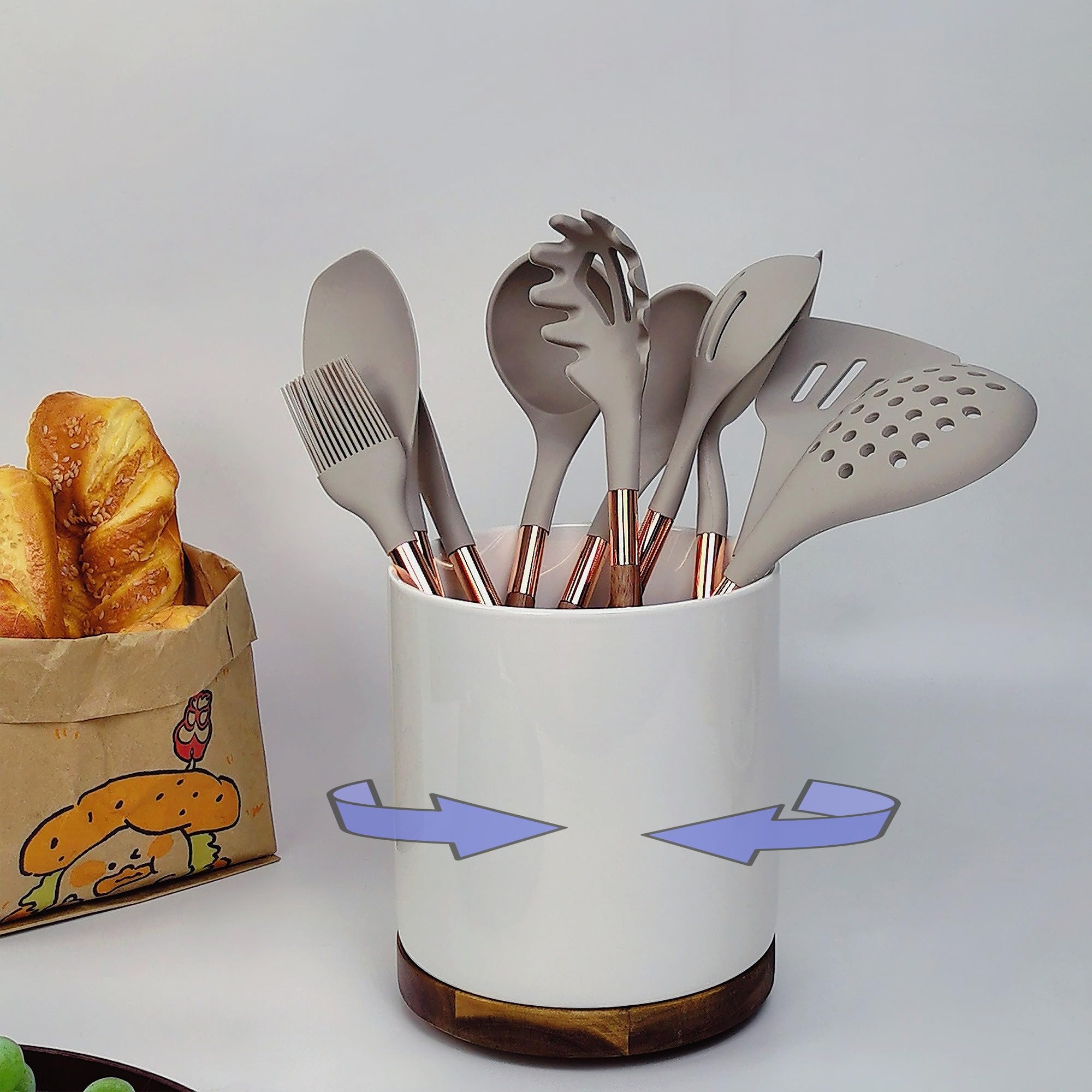 Soporte para utensilios de cocina de cerámica de gran capacidad, de madera de acacia, base giratoria, organizador multiusos