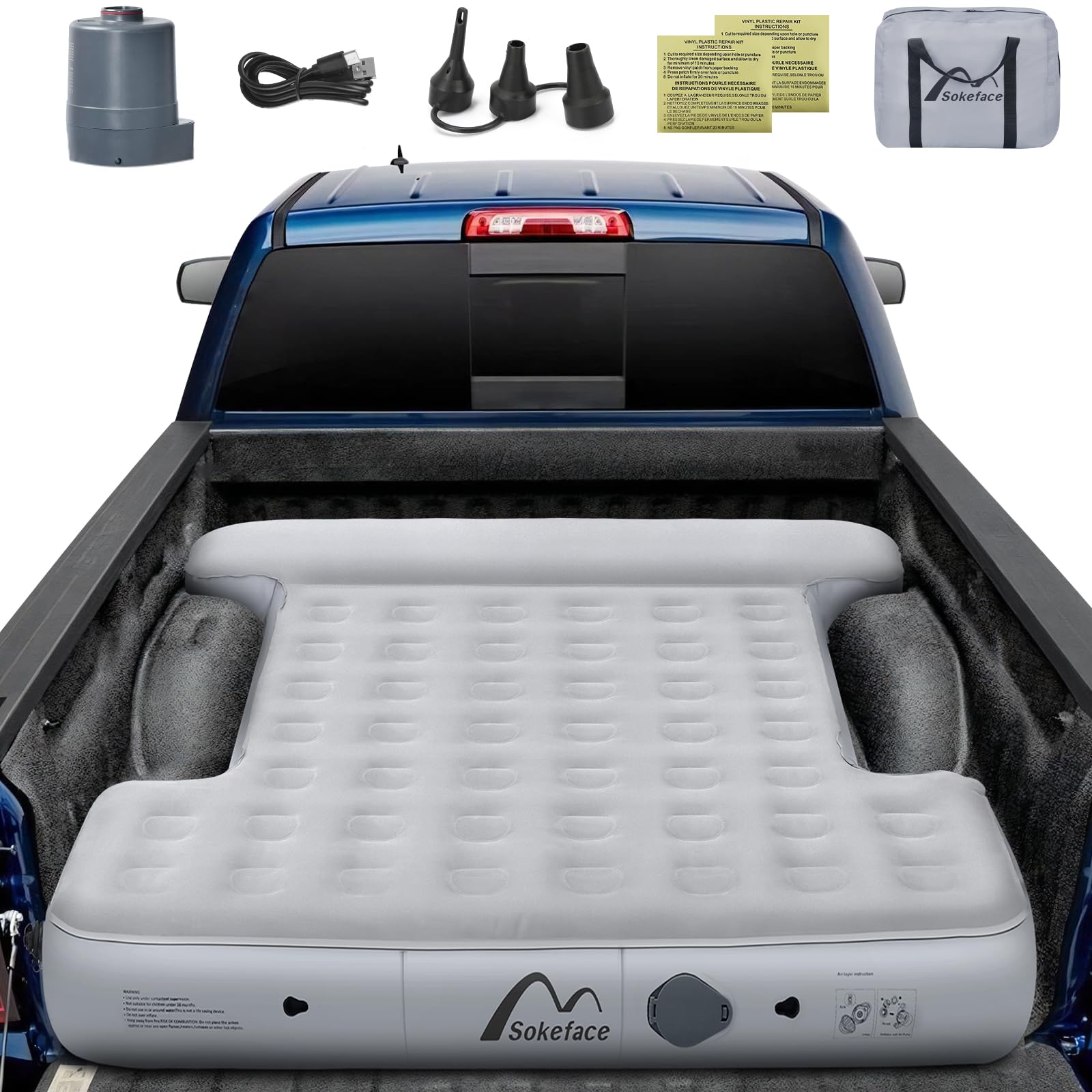 Sokeface Truck Bed Mattress 5.5-5.8ft with Wireless Built-in Pump, Truck Bed Air Mattress, Leak-Resistant Truck Mattress for Camping, Heavy-Duty, Easy Setup, Large Carry Bag