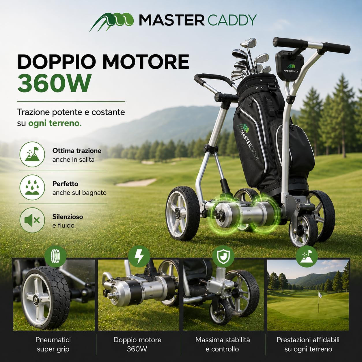 Master Caddy – Chariot de Golf Basic “Remote Litio” avec télécommande (Batterie au lithium 12V, Moteurs tubulaires)