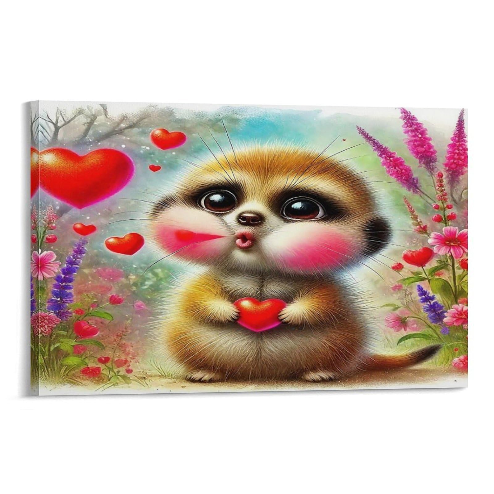CPLVKWRQJ Sleeping Warthog And Meerkat in Jungle 1 Piece Cute Meerkat Red Heart Wildflower Meadow Canvas Art - Birthday Gift Bedroom Canvas Painting Easy to Clean Wall Decor 20x30inch(50x75cm)