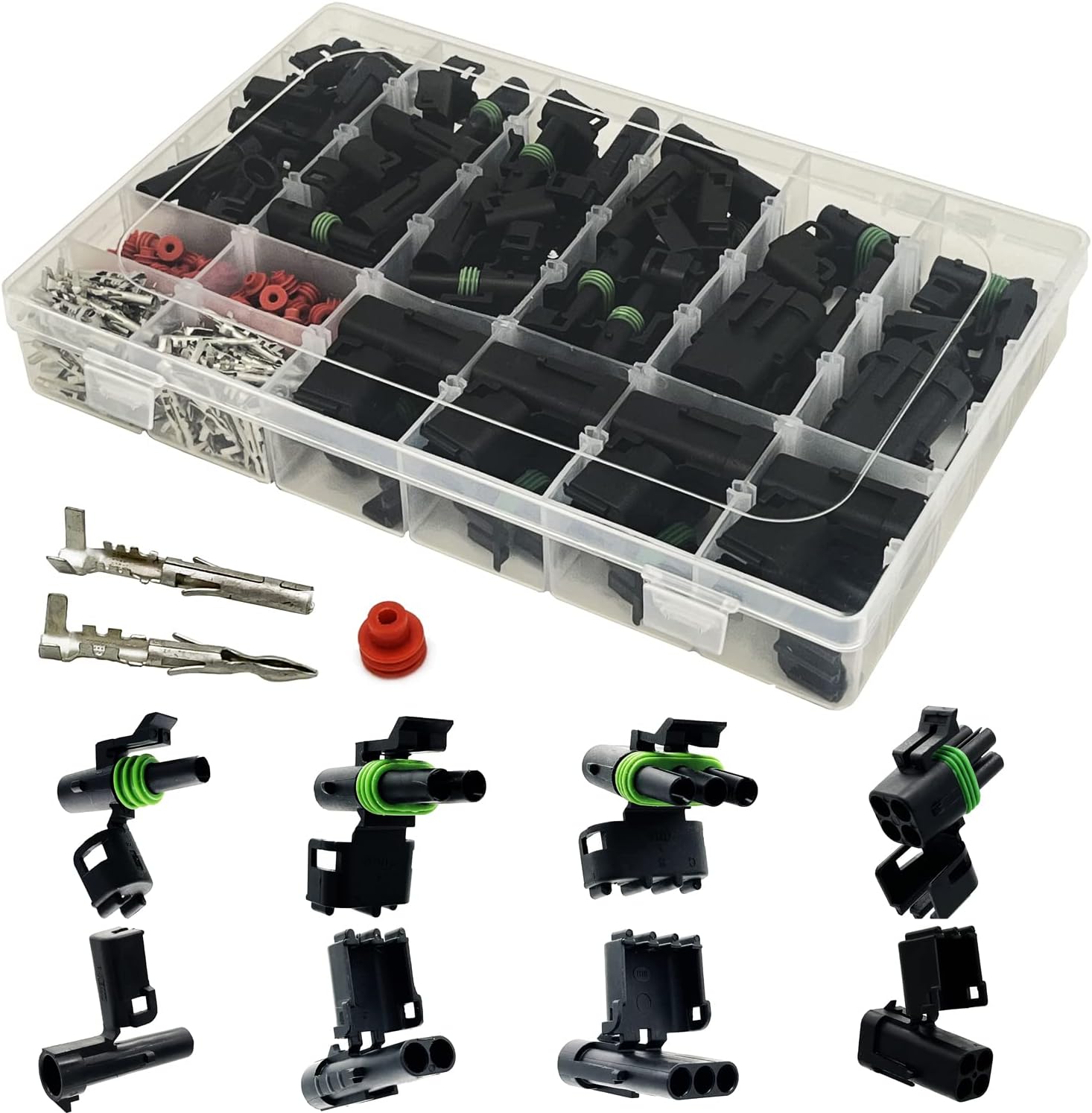 26 Kits Weather Pack Connectors Kit Automotive Electrical Connectors Waterproof Electrical Wire Connectors Terminal Kit 1/2/3/4 Pin 18-14 AWG
