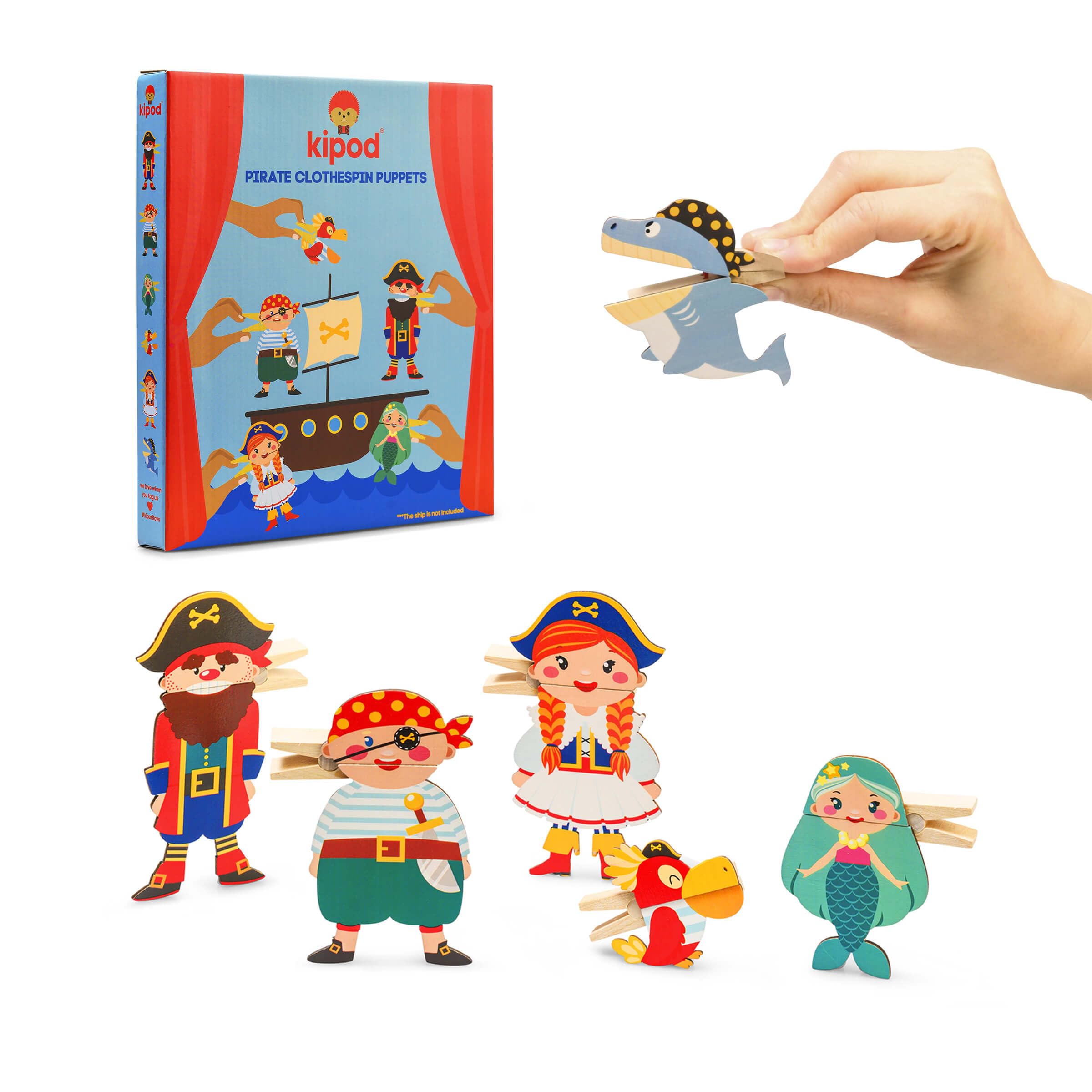 kipod- Clothespin Theater Pirate Puppets- Set of 6 Wooden Pirate Finger Puppets for Kids Ages 2+- Montessori- Imaginative Play Toy