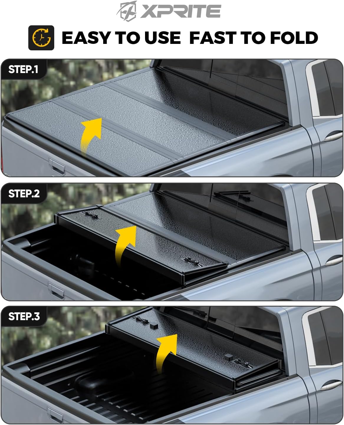 Three-step illustration of folding the tonneau cover