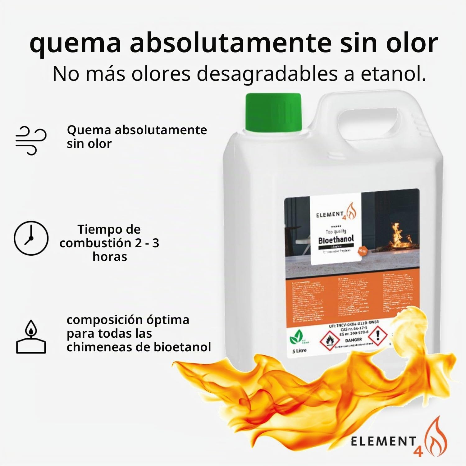 Element4 Bioetanol 10 litros sin olor – Bioetanol Premium 96,6% – Apto para todas las chimeneas de etanol