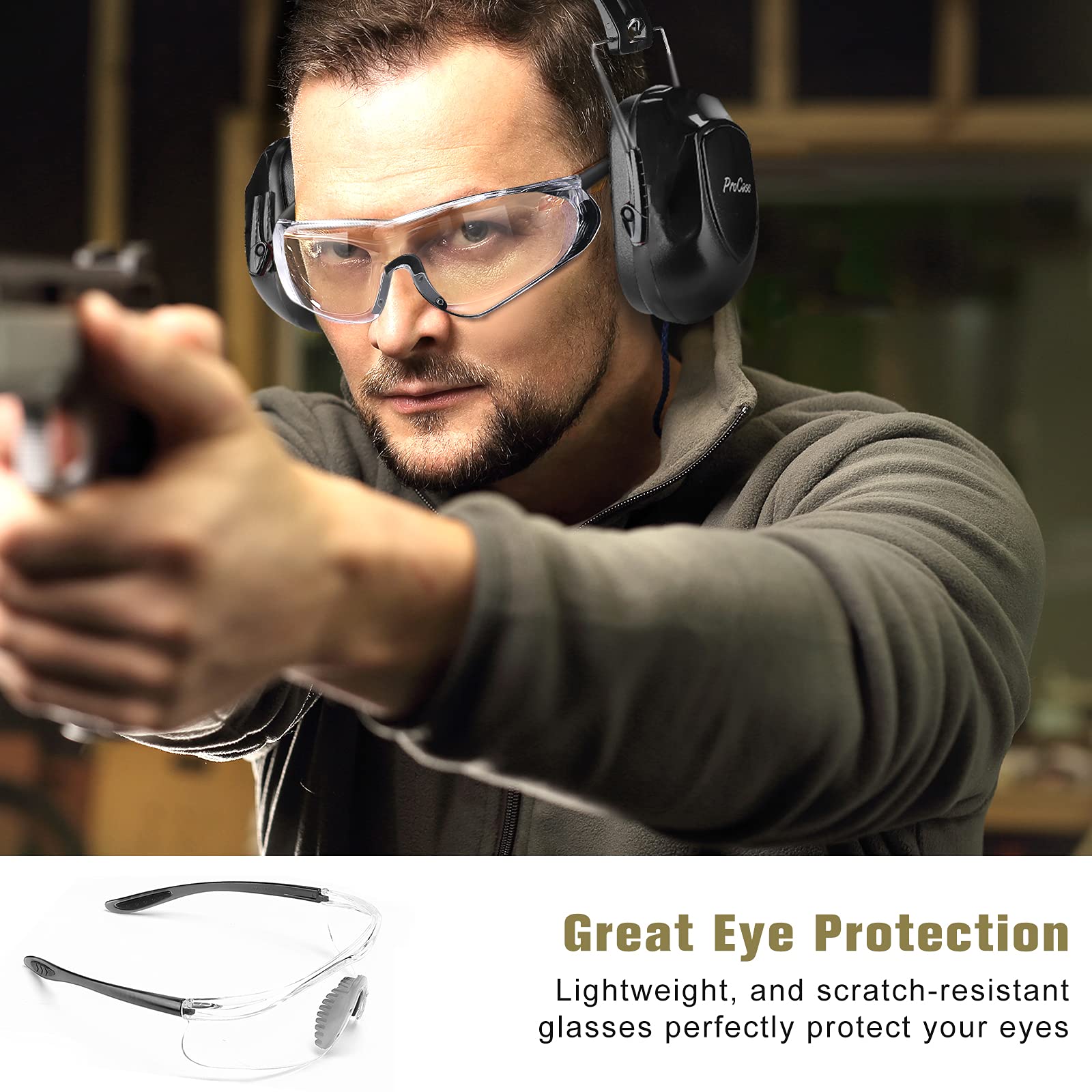 ProCase Casco Insonorizado Protector de Oído + Gafas Protección + Tapones para Los Oídos + Estuche Rígido de EVA, Accesorios para Protección de Tiro Campo de Disparo y Temporada de Caza