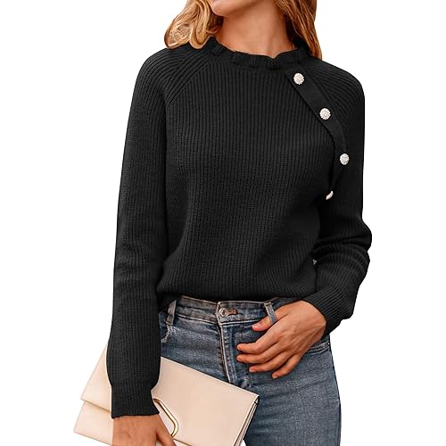 BTFBM Women's Sweaters Casual Long Sleeve Button Down Crew Neck Ruffle Knit Pullover Sweater Tops Solid Color Striped