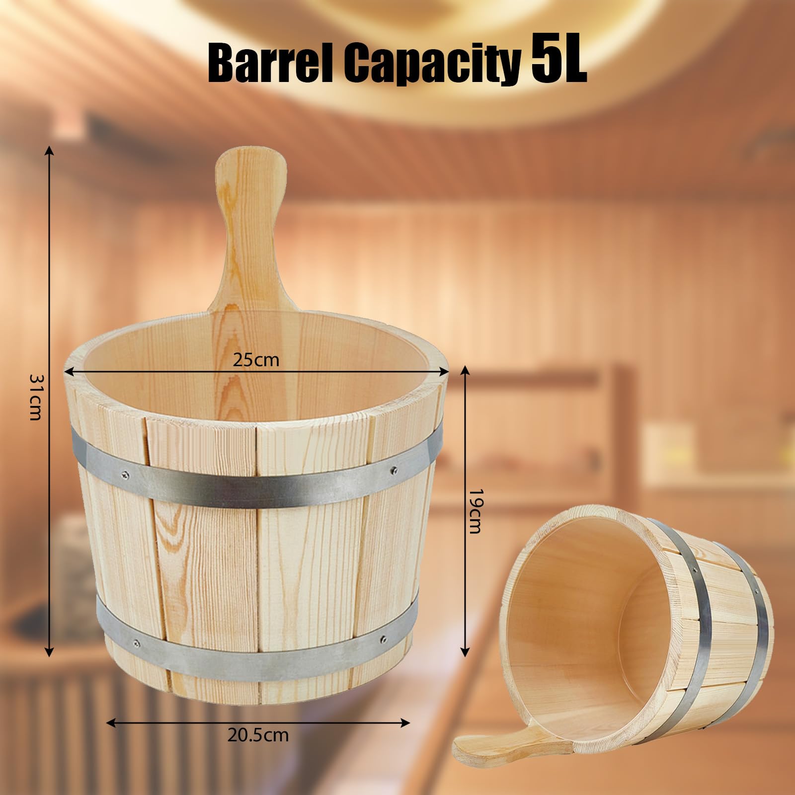Cubo Sauna, Juego de Cubos de Sauna (5 litros), Cubo de Sauna con Paleta, Reloj de Arena, Termo Higrómetro, Cuenco Sauna, Incluye Inserto
