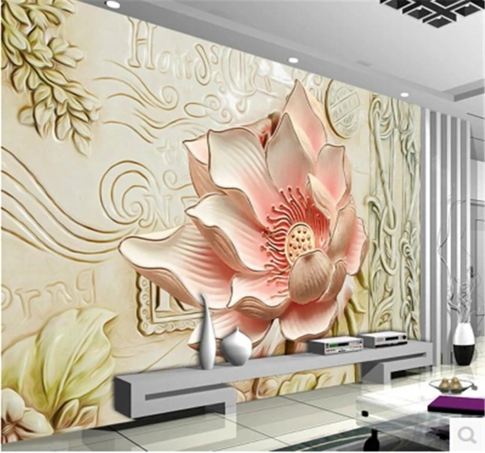 Xlming 400Cm×280Cm(B×H) Relief Three Dimensional Pink Magnolia Art 3D Wallpaper Luxury Home Dining Decor Paste Sofa Living Room The Wall For Bedroom Mural-400Cm×280Cm