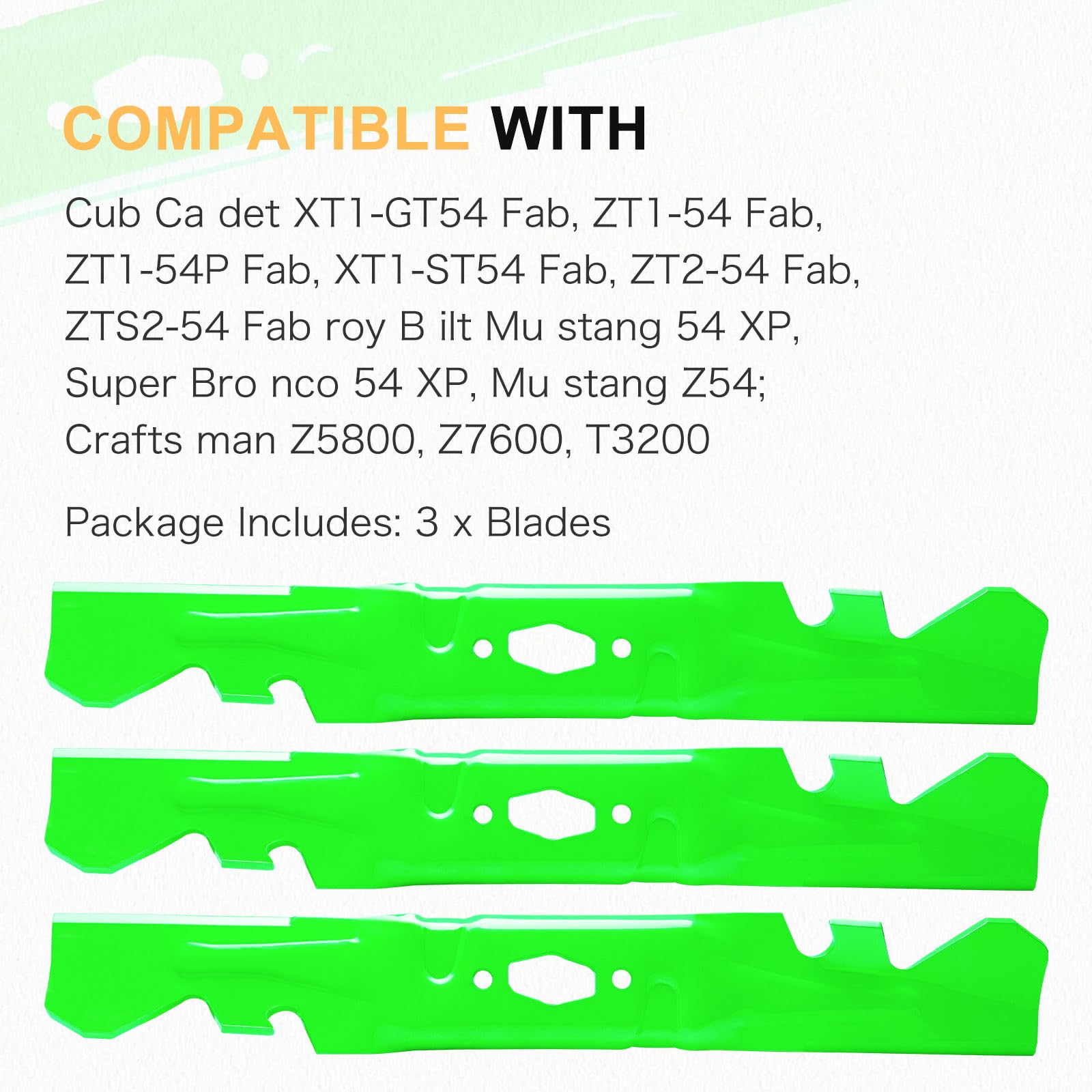 742P05086-X - Cuchilla para cortacésped de 54 pulgadas Cub Ca det MTD XT1-GT54 ST54 ZT1-54, sustituye al fabricante original 742-05086-X (mantillo dentado), paquete de 3
