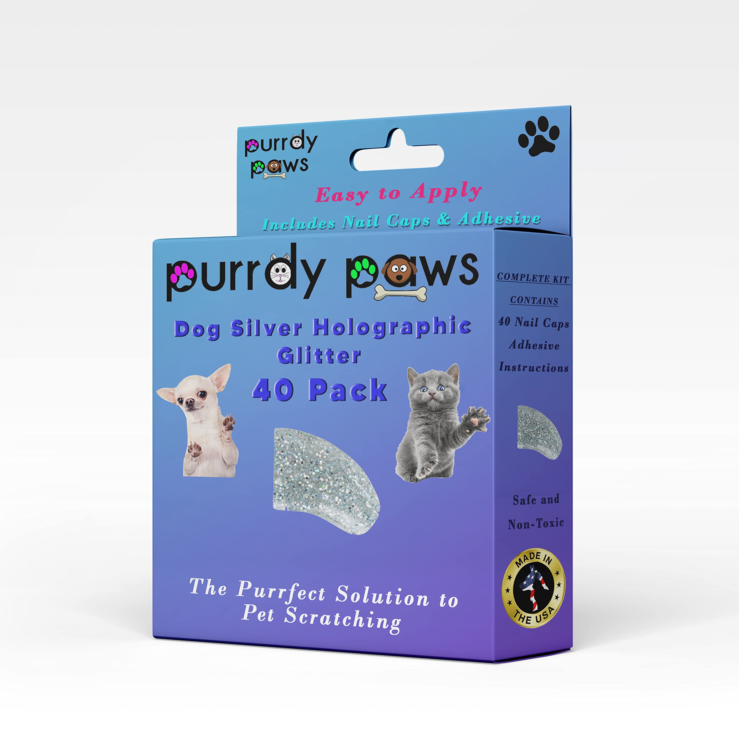 Purrdy Paws 40 Pack Soft Nail Caps for Dog Claws Silver Holographic Glitter Jumbo