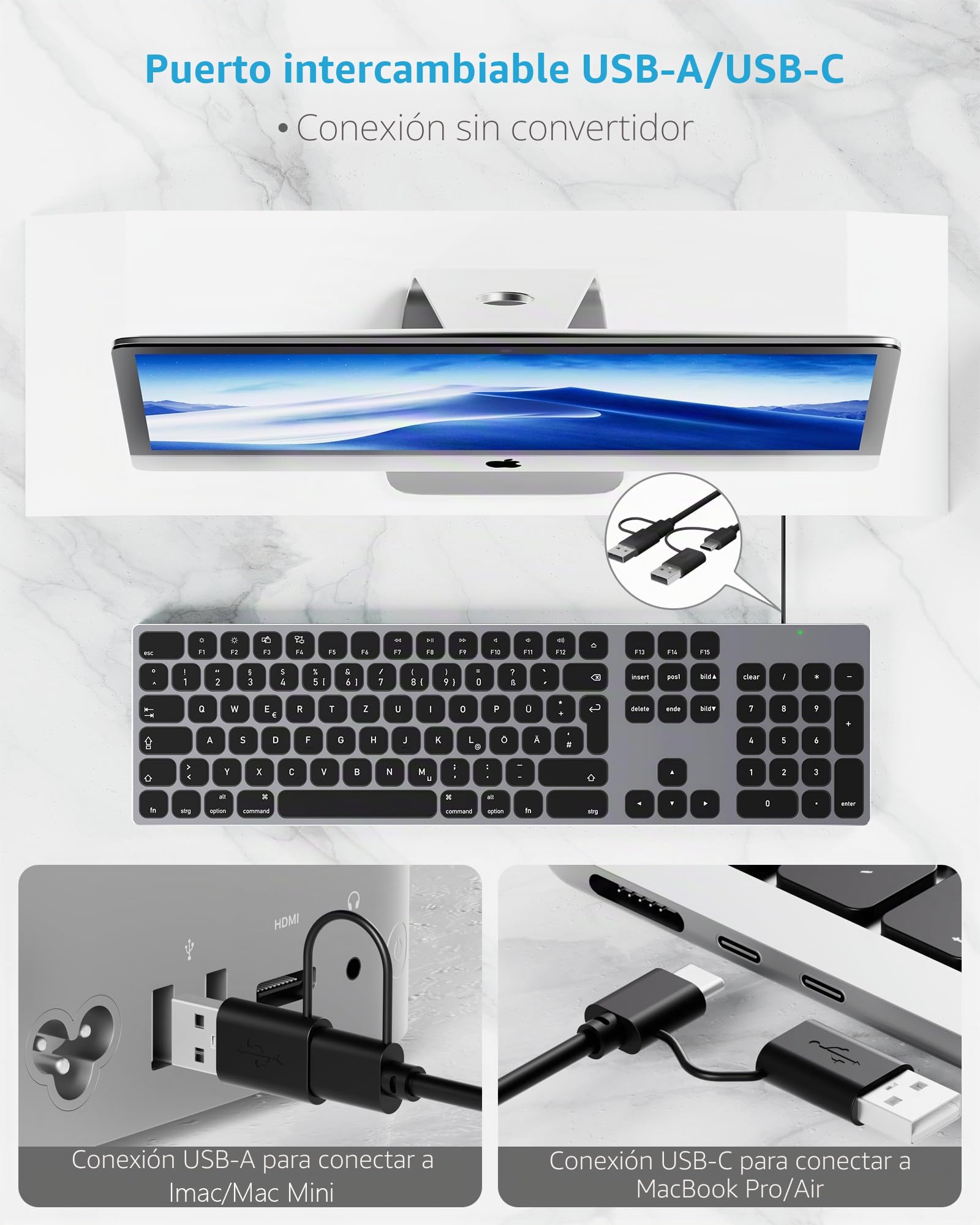 Teclado con cable de aluminio para Apple Mac OS: puerto USB/USB-C, Plug and Play, completo, delgado y duradero con teclado numérico para iMac, Mac mini o MacBook, color gris