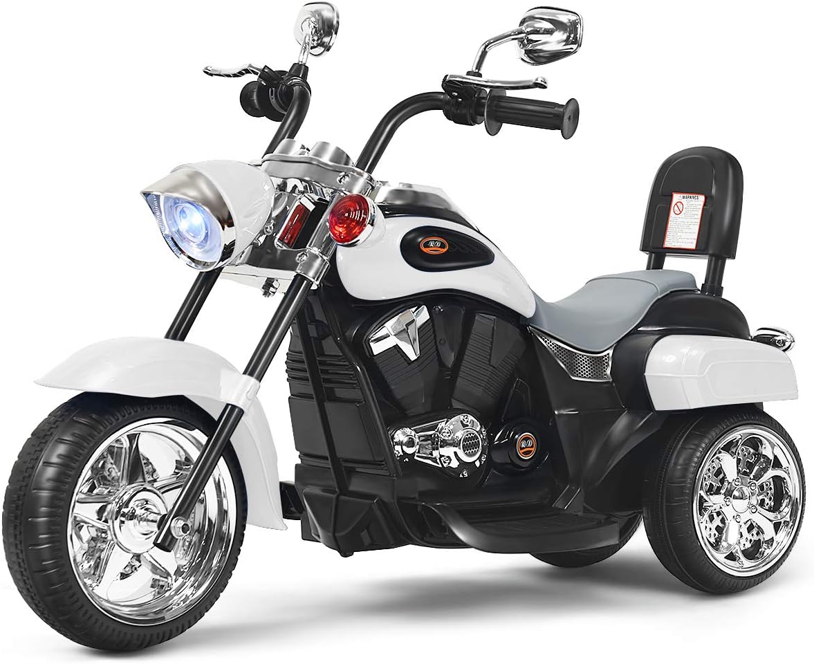 DORTALA Kids Motorcycle, 6V Battery Powered Ride-On Chopper Trike with Horn, Headlights, Forward/Reverse Switch, 3 Wheels Electric Motorcycle for Kids, Gift for Boys Girls (White), Toddler