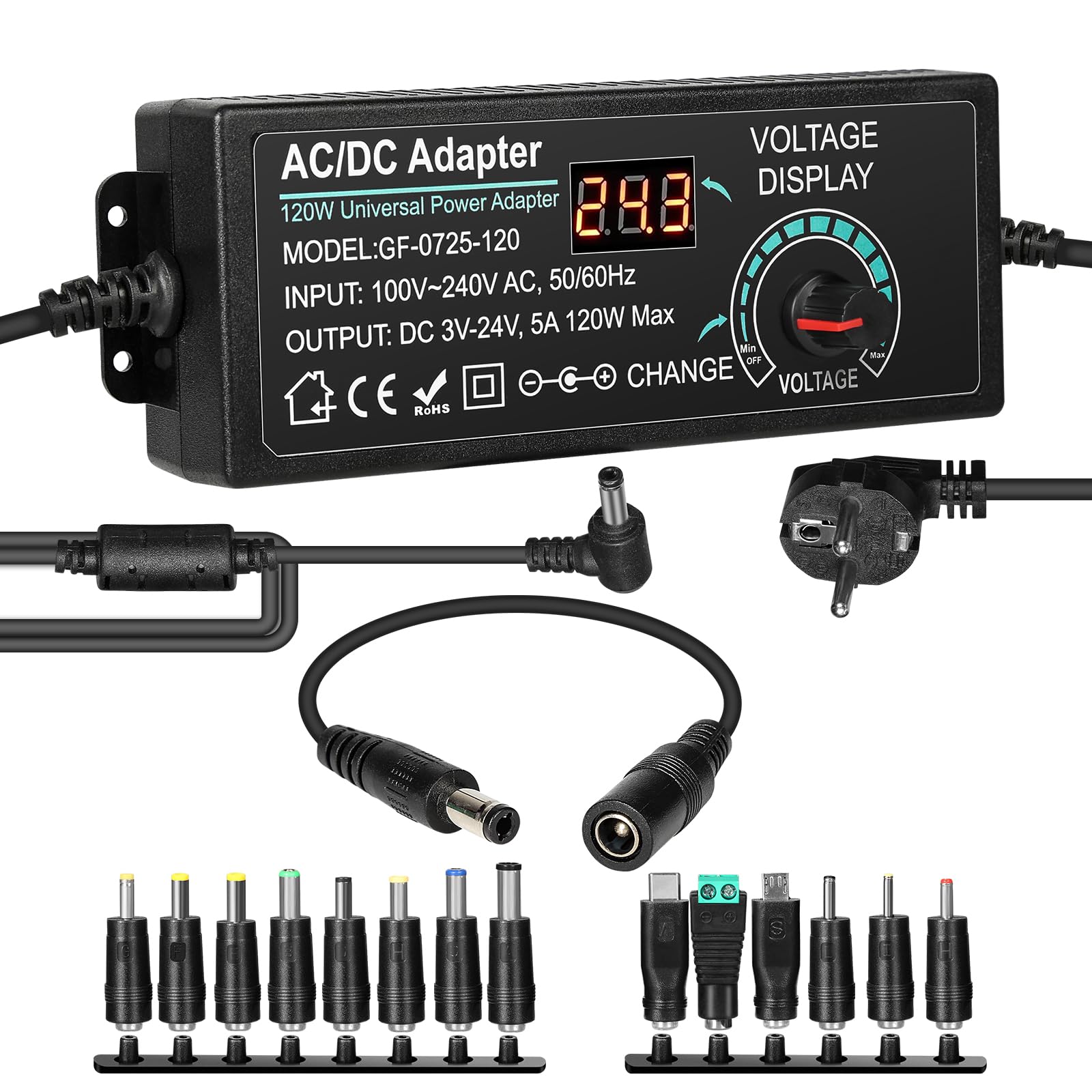 Alimentatore Universale 120W Regolabile 3V 5V 6V 12V 24V DC con USB 14 Connettori Spina Europea AC100-240V