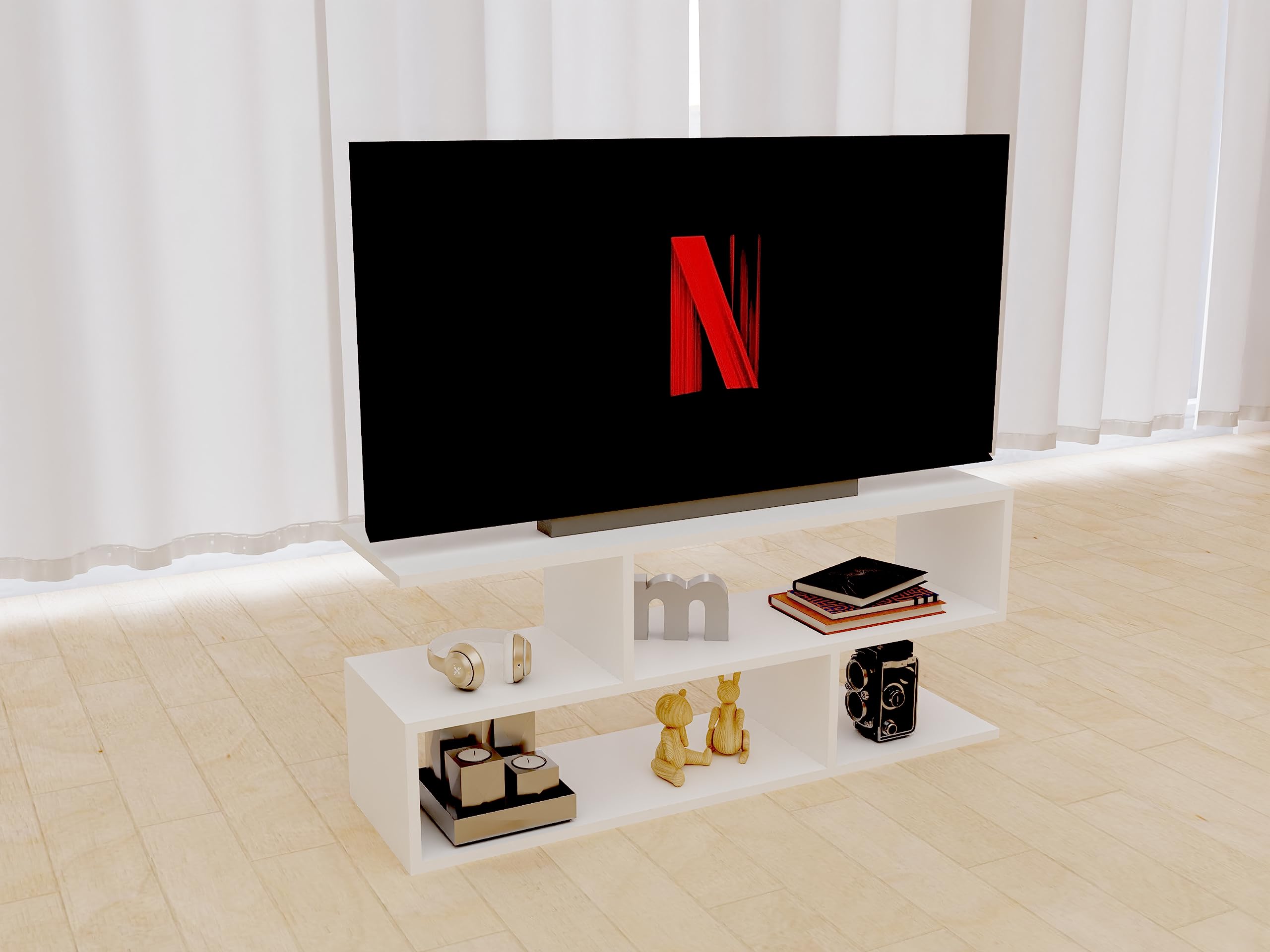 Mahmayi Modern TV Stand and Coffee Table with 2 Tier Storage Shelf, Monitor Stand for Home Office, Laptop, Printer, and TV Screen - PREMIUM WHITE