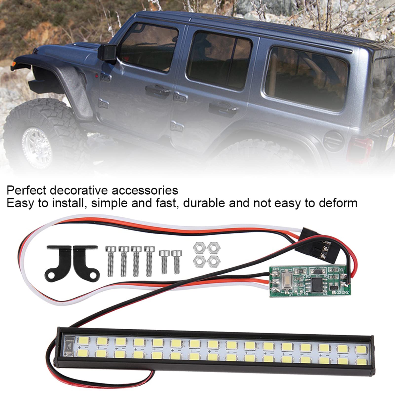 Barre LED 32 Leds Pour Voiture RC – 3 Modes (fixe/clignotant/respiration) – Alu Et Plastique, Compatible Traxxas, Tamiya, Axial, HSP – Accessoire De Toit 100 Mm