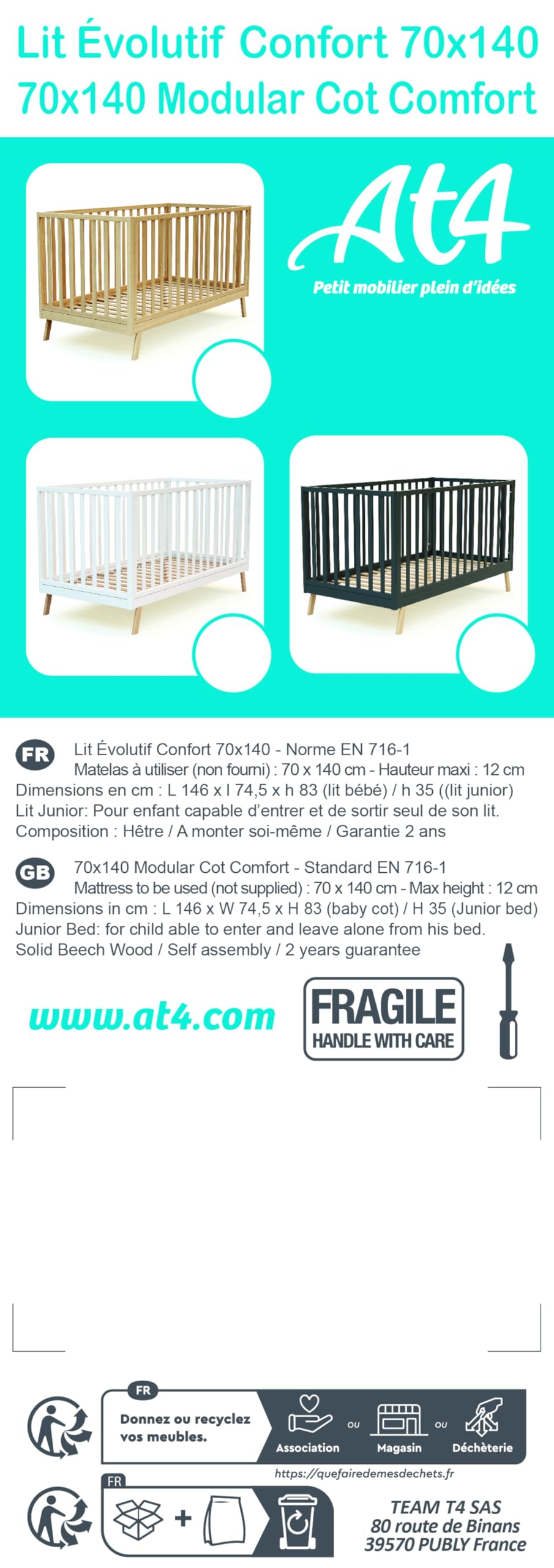 AT4 - Lit bébé évolutif en bois KASA Hêtre Verni 70 x 140 cm | 146 x 74,5 x 83 cm | Sommier réglable 3 hauteurs | Échelle amovible | Transformable en lit junior